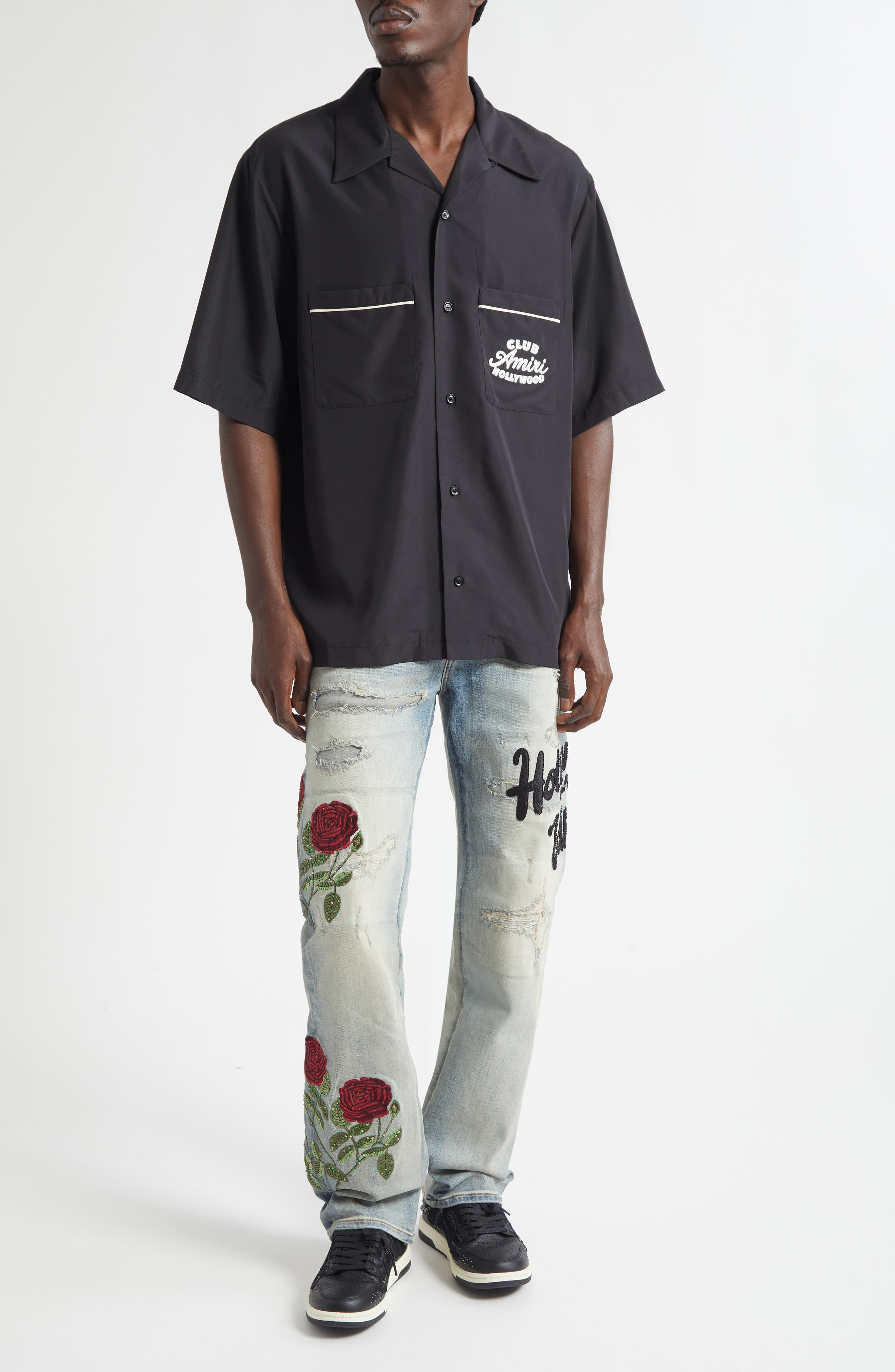 Club Amiri Embroidered Camp Shirt in Black at Nordstrom - 2