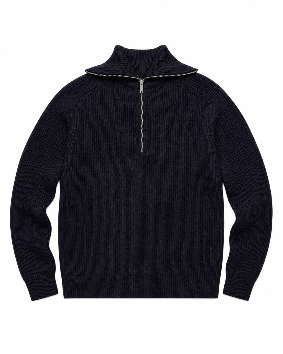 NAVY WOOL TRUCKER-STYLE SWEATER - 1