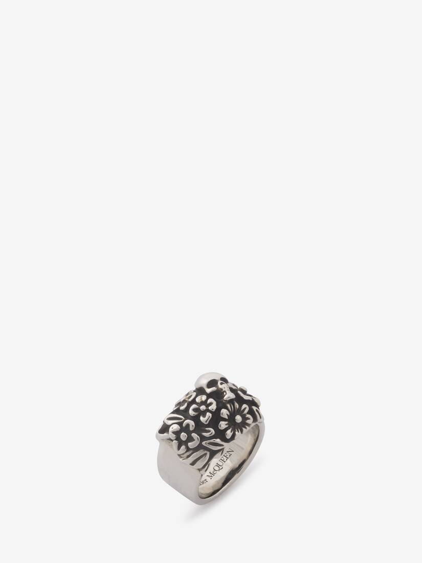 Men's The Floral Skull Ring in Antique Silver - 2
