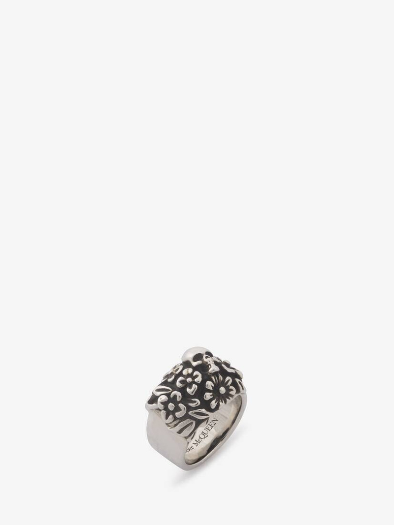 Alexander McQueen Men's The Floral Skull Ring in Antique Silver outlook