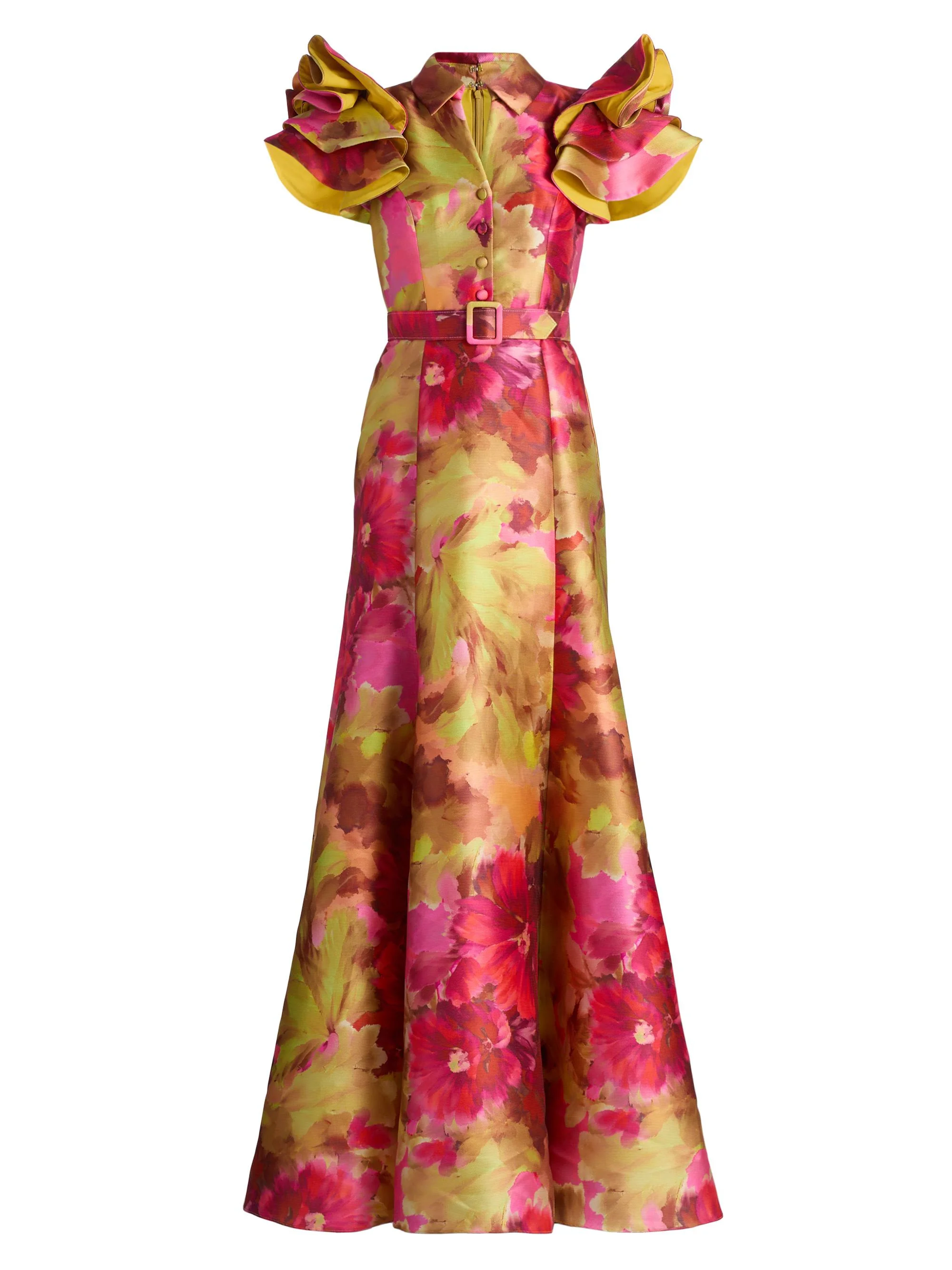 Women's Vibrant Floral Flutter-Sleeve Gown - Pink Multi - 1