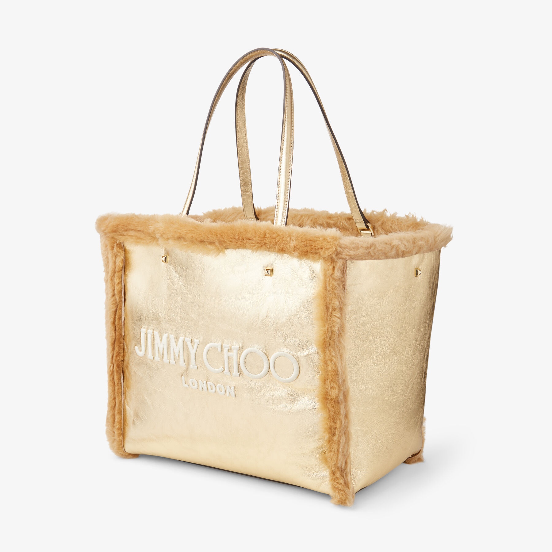 JIMMY CHOO Avenue Tote Bag Gold Metallic Nappa and Shearling Tote Bag with Jimmy Choo Embroidery REVERSIBLE