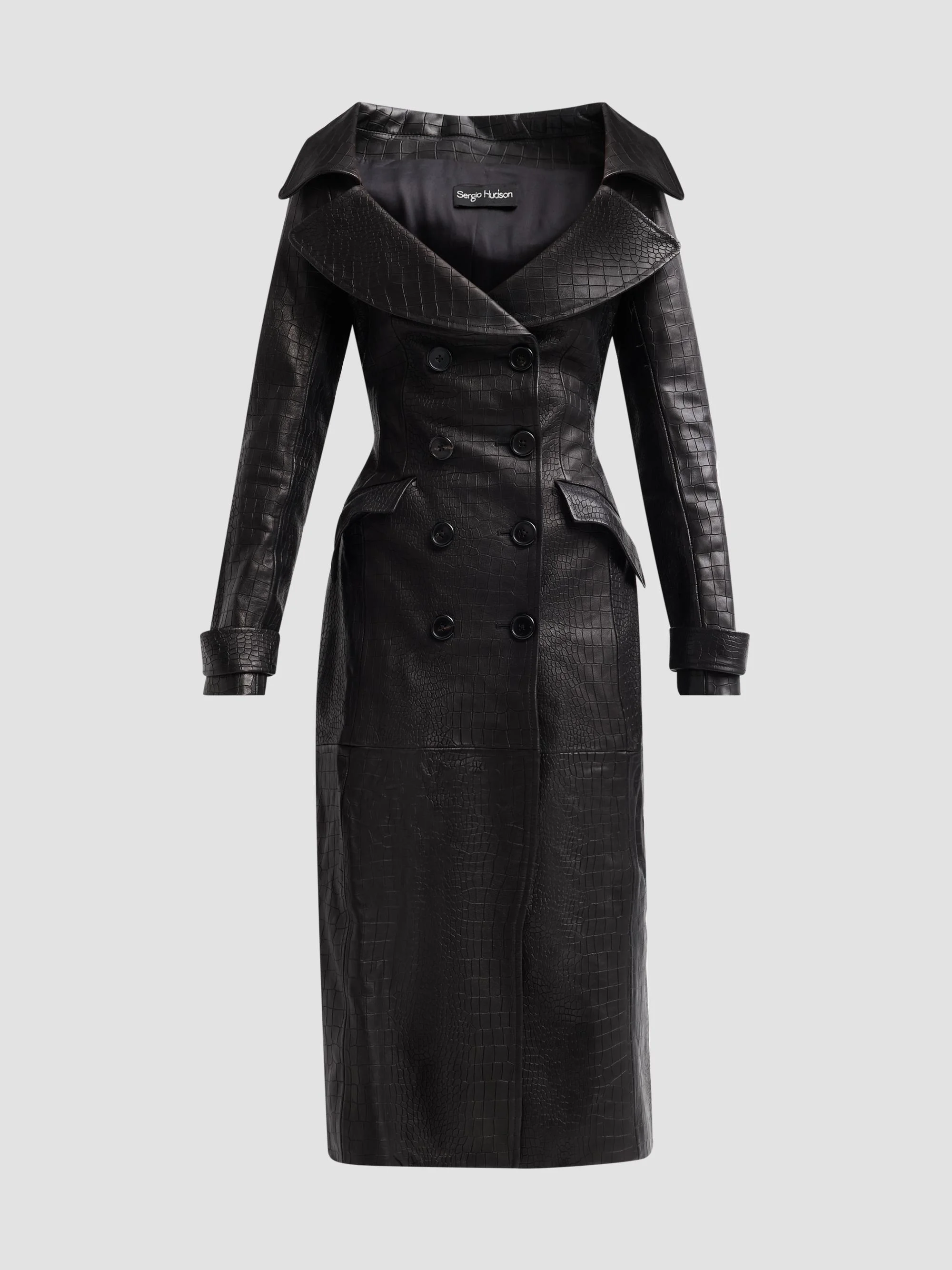 Women's Croc-Embossed Leather Trench Coat - Black - 1
