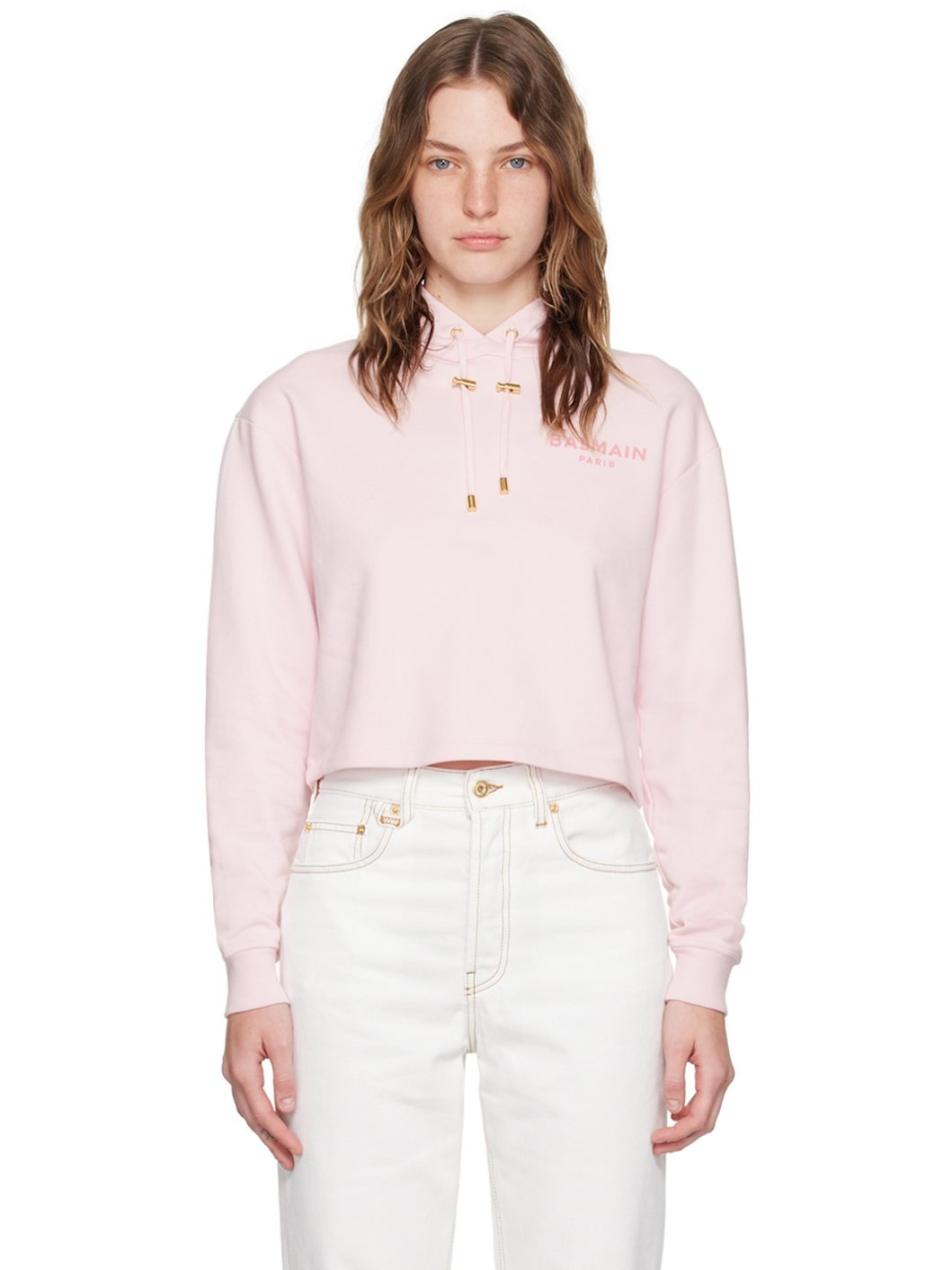 Pink 'Balmain Paris' Flocked Hoodie - 1