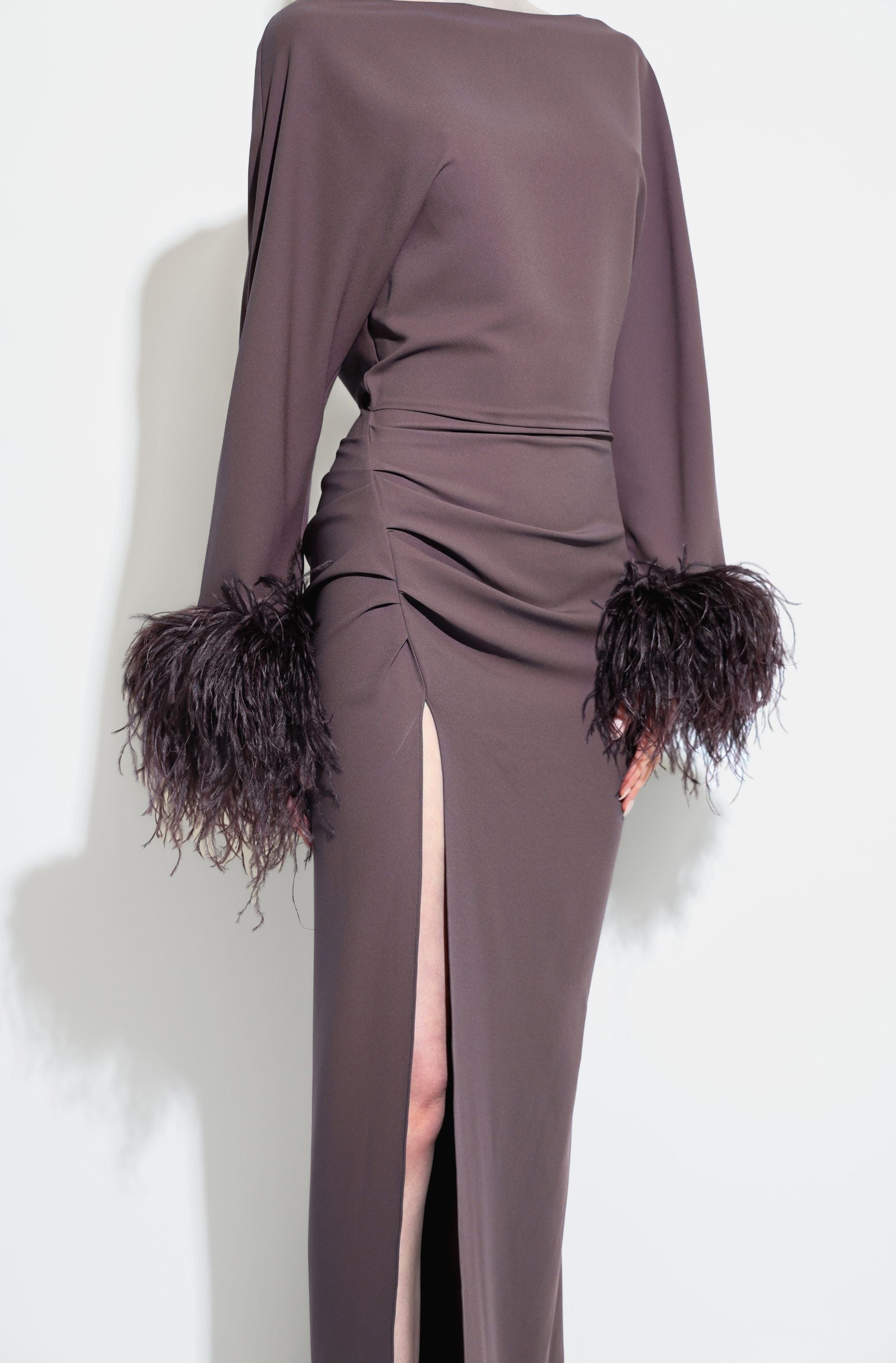 Stretch Drape Crepe Off The Shoulder Dress With Feathers - 4