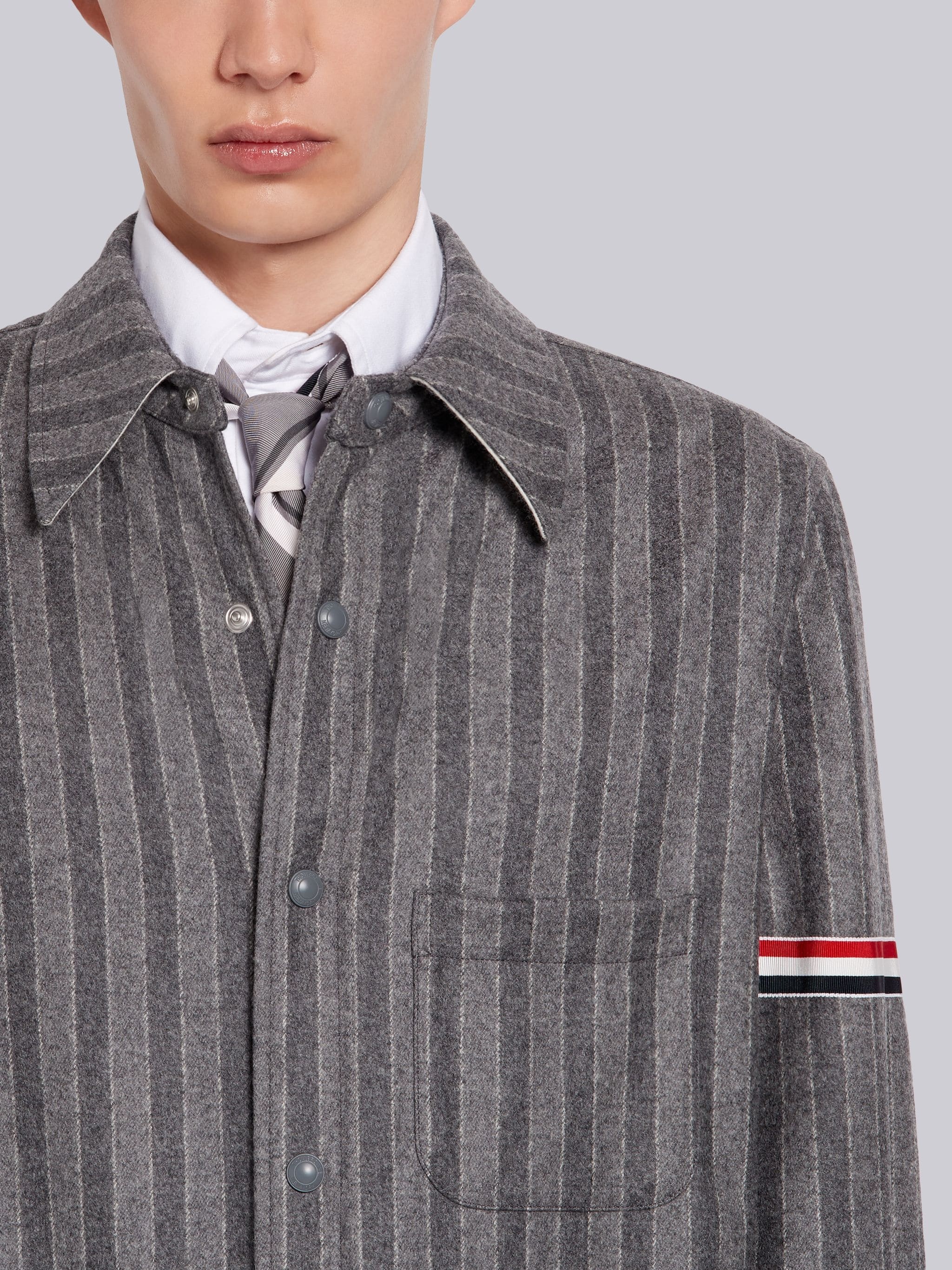 Medium Grey Chalk Stripe Wool Flannel Armband Snap Front Shirt Jacket - 5