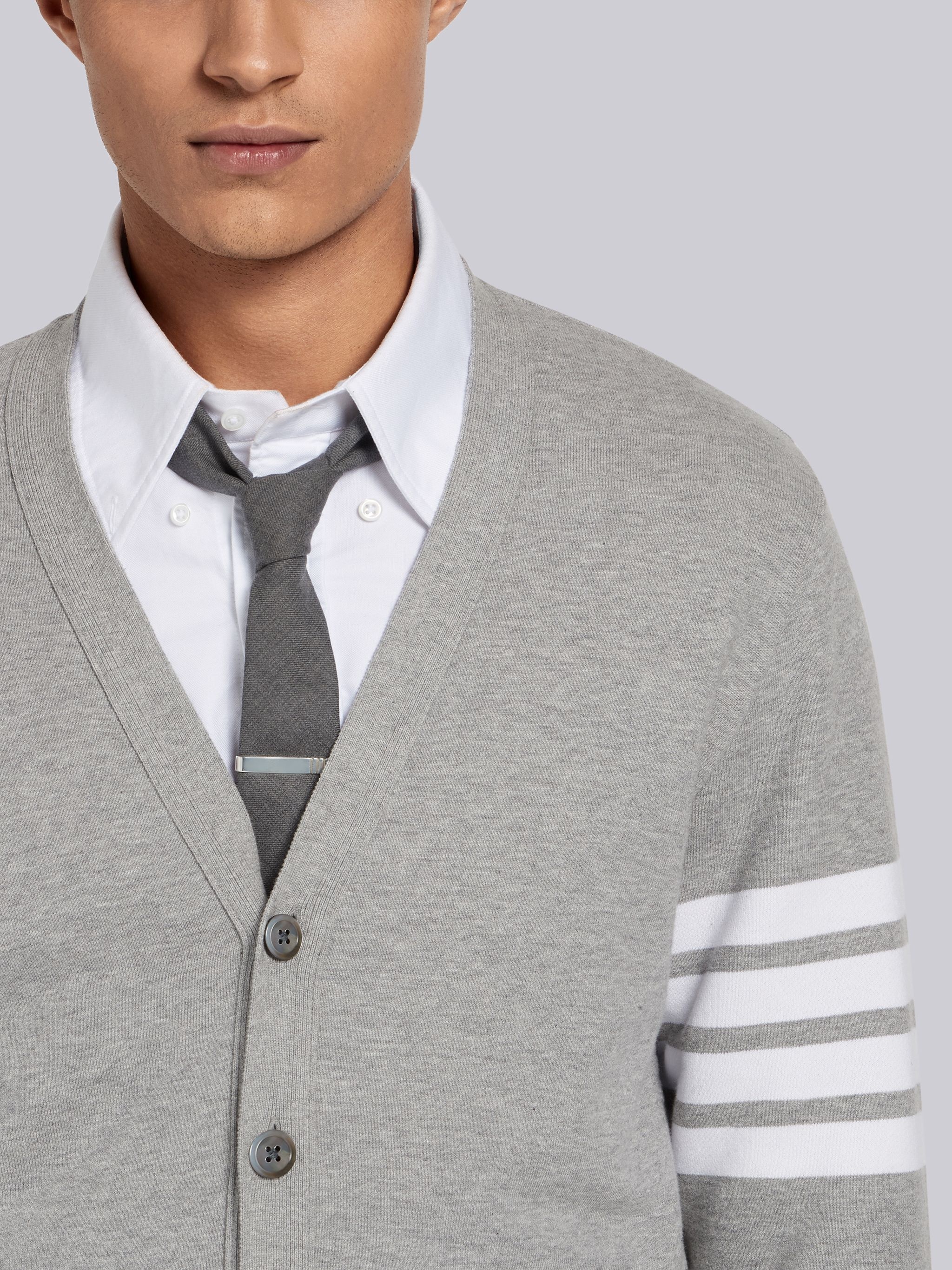 Light Grey 4-Bar Loopback Jersey V-Neck Cardigan - 5