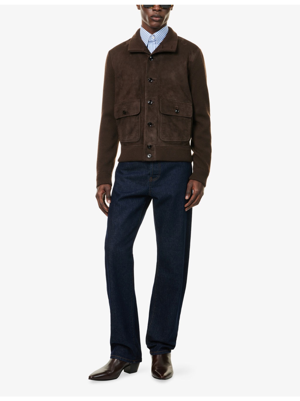 Funnel-Neck Ribbed-Sleeve Suede and Wool Jacket - 2