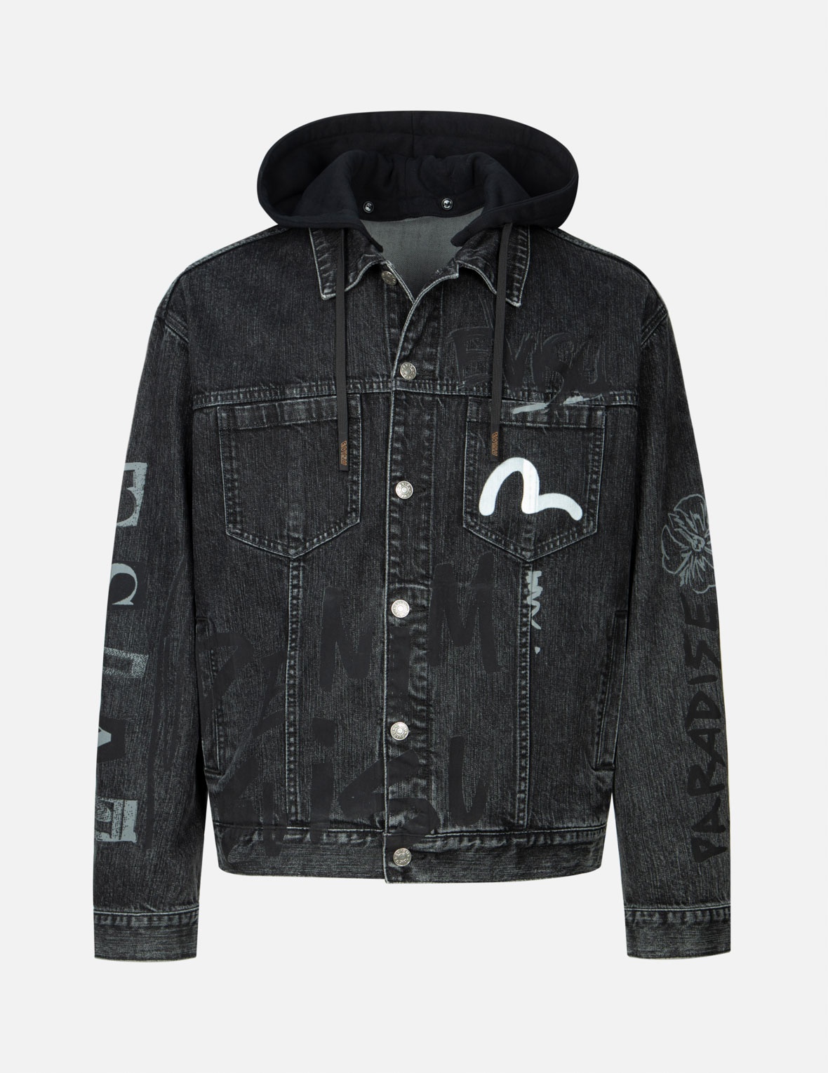 GRAFFITI GODHEAD PRINT LOOSE FIT HOODED DENIM JACKET - 1