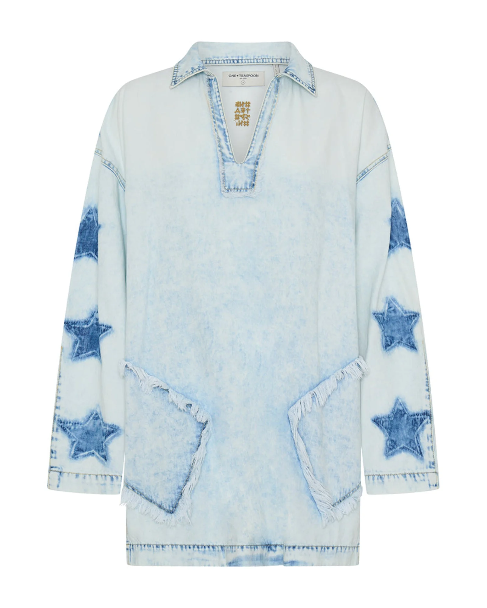 Le Captain Star Pullover Denim Mini Shirt Dress - Depeche Blue - 1