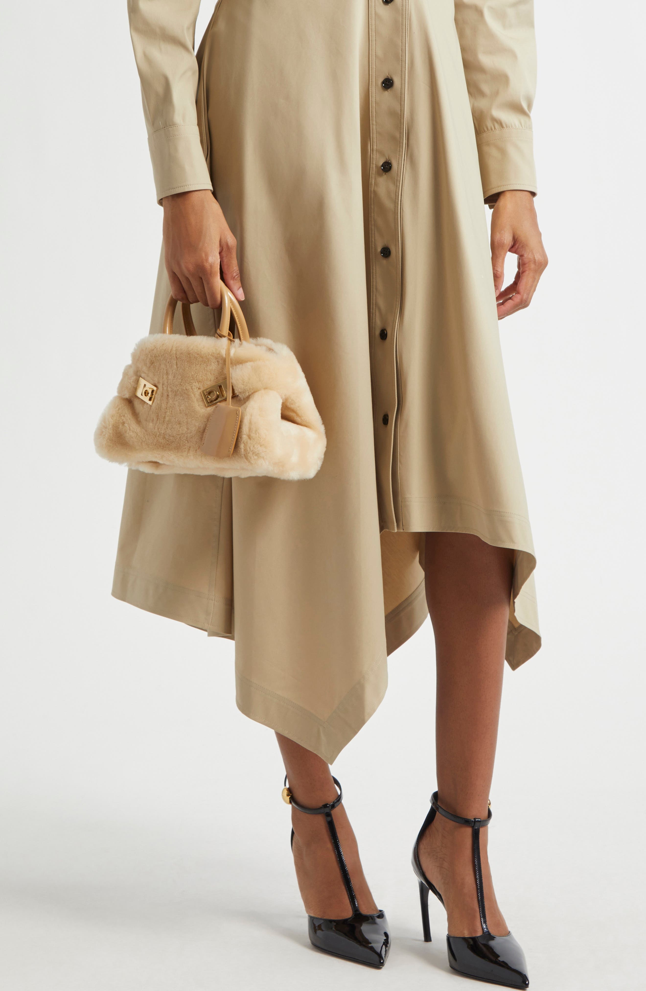 FERRAGAMO Mini Hug Genuine Shearling Top Handle Bag in Naturale/Camel at Nordstrom - 4