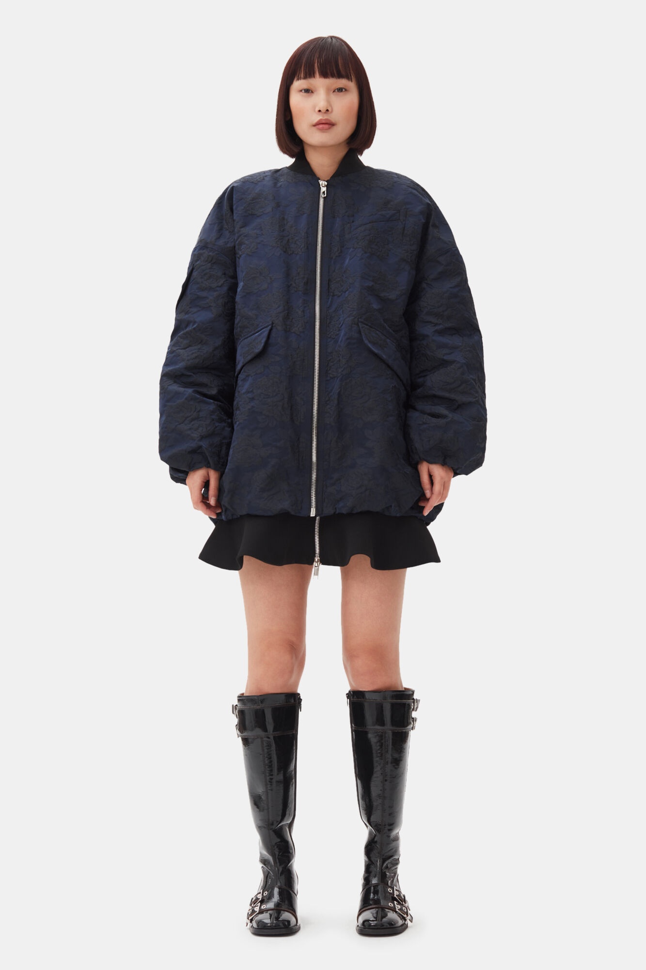 NAVY BLUE BOTANICAL JACQUARD BOMBER JACKET - 3