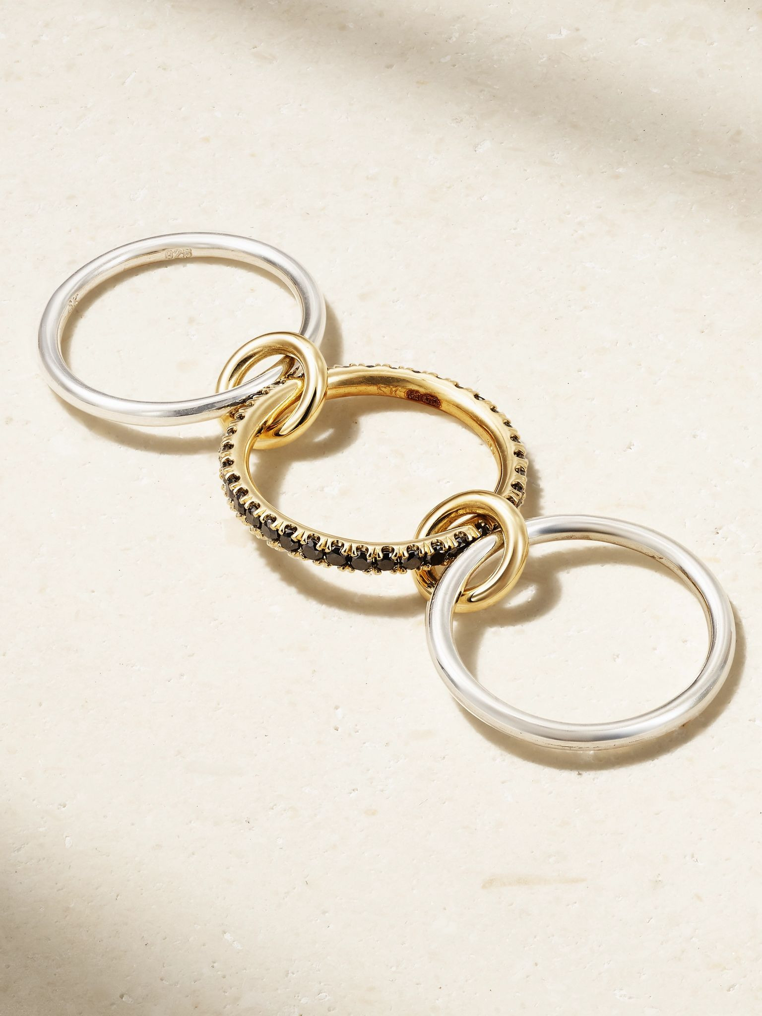 Tigris set of three 18-karat gold, sterling silver and blackened diamond rings Black - 3