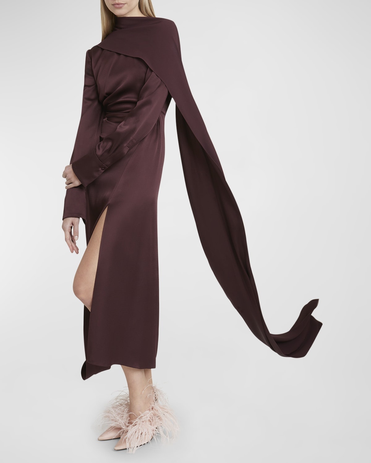 Long-Sleeve Draped Scarf Satin Maxi Dress - 6