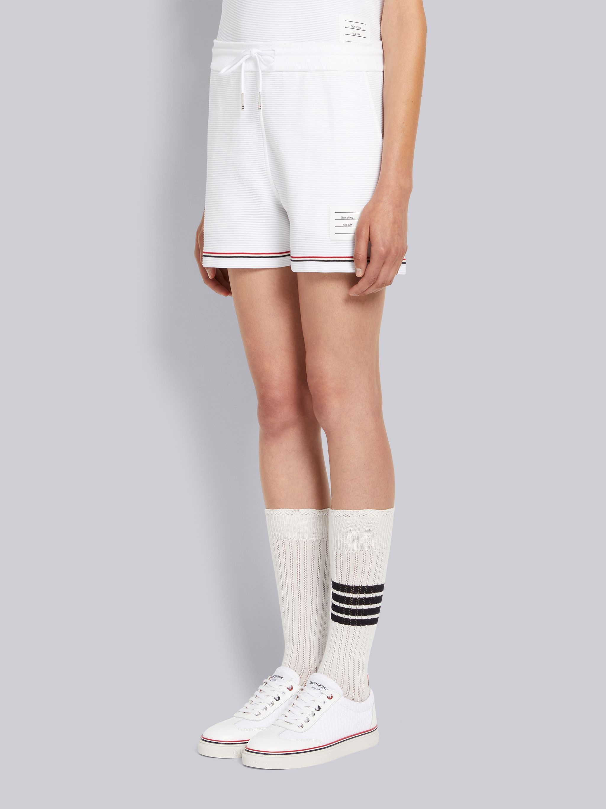 White Ottoman Rib Stripe Hem Mid Thigh Short - 2