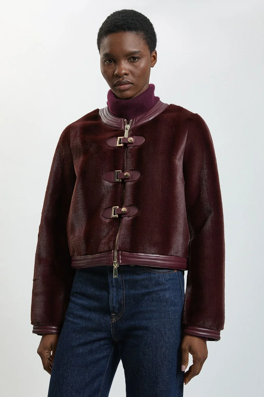 Faux Fur & Faux Leather Buckle Detail Collarless Tailored Short coat - 1