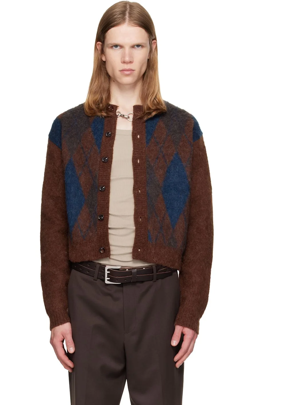 Brown Brushed Argyle Cardigan - 1