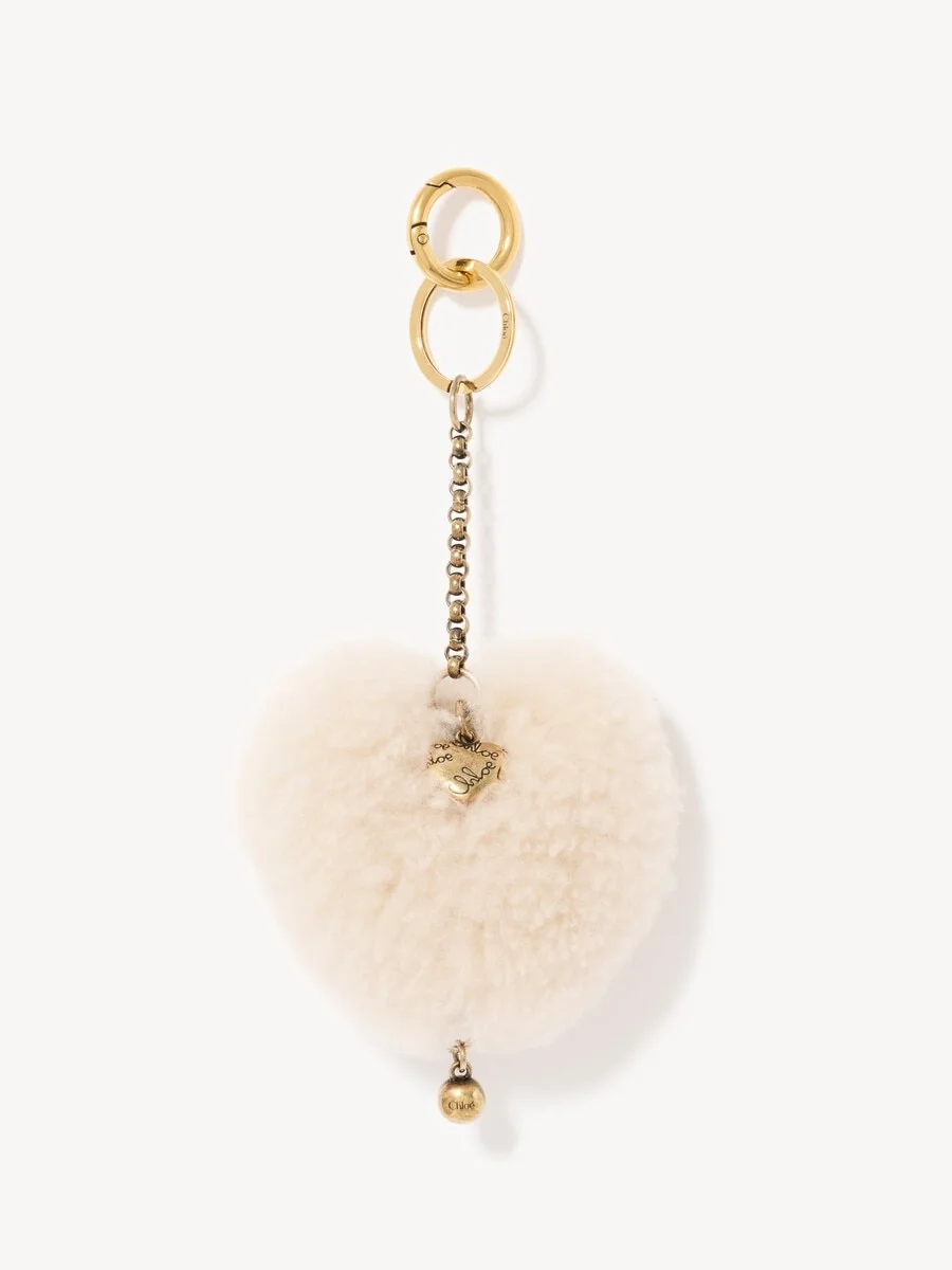 CHLOÉ SYMBOLS HEART SHEARLING & MINI HEART KEY RING BAG CHARM IN BRASS - 1