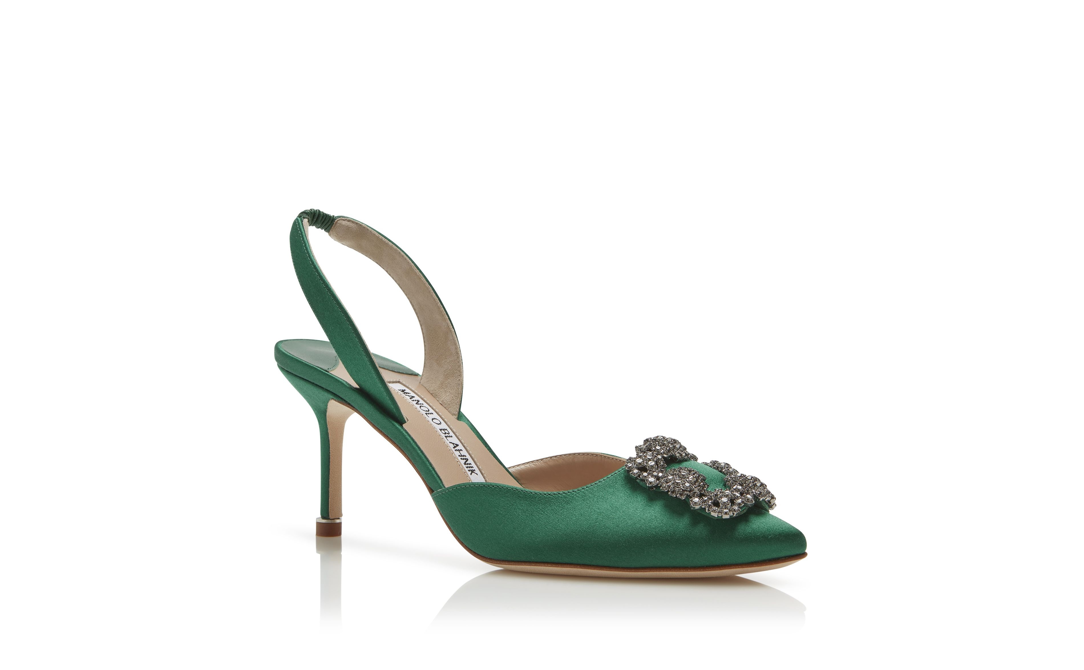 Green Satin Jewel Buckle Slingback Pumps - 3