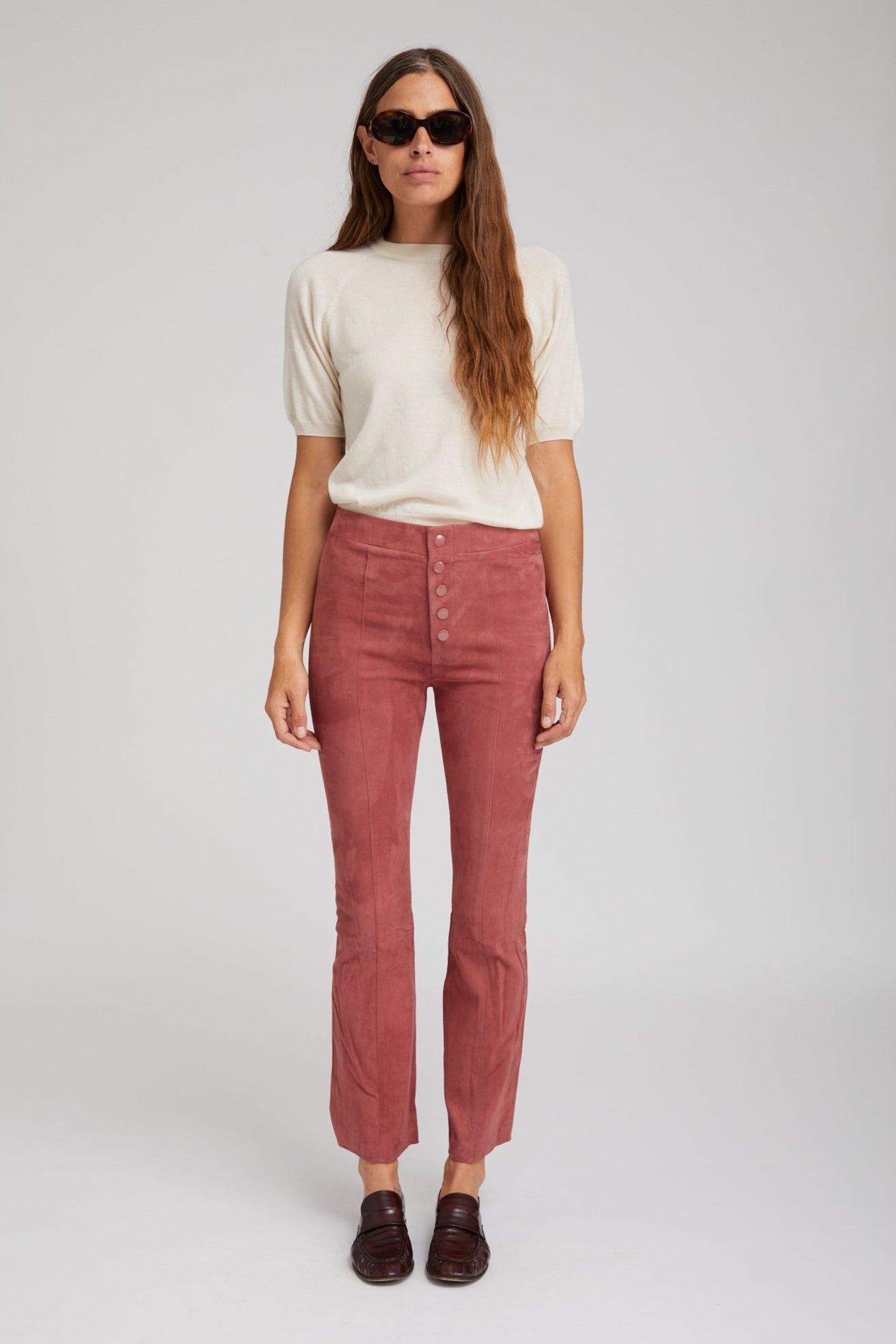 MAUVE SUEDE FRONT SNAP ANKLE FLARE LEGGINGS - 2