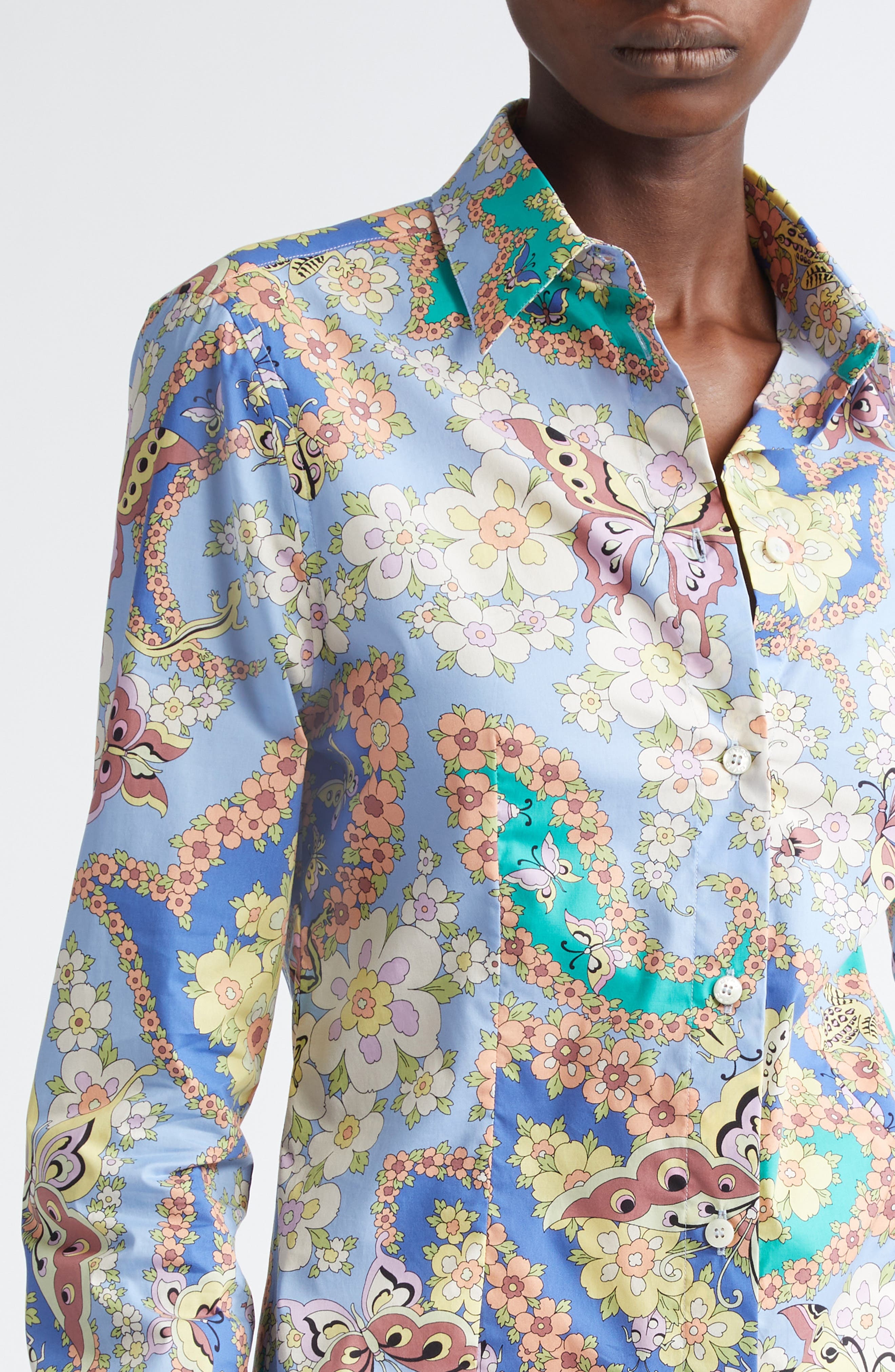 Etro Floral Paisley Stretch Poplin Button-Up Shirt in Stampa Blue at Nordstrom - 4