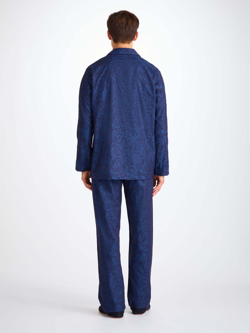 Men's Classic Fit Pajamas Cotton Jacquard Navy Jungle Paisley Pattern - 4