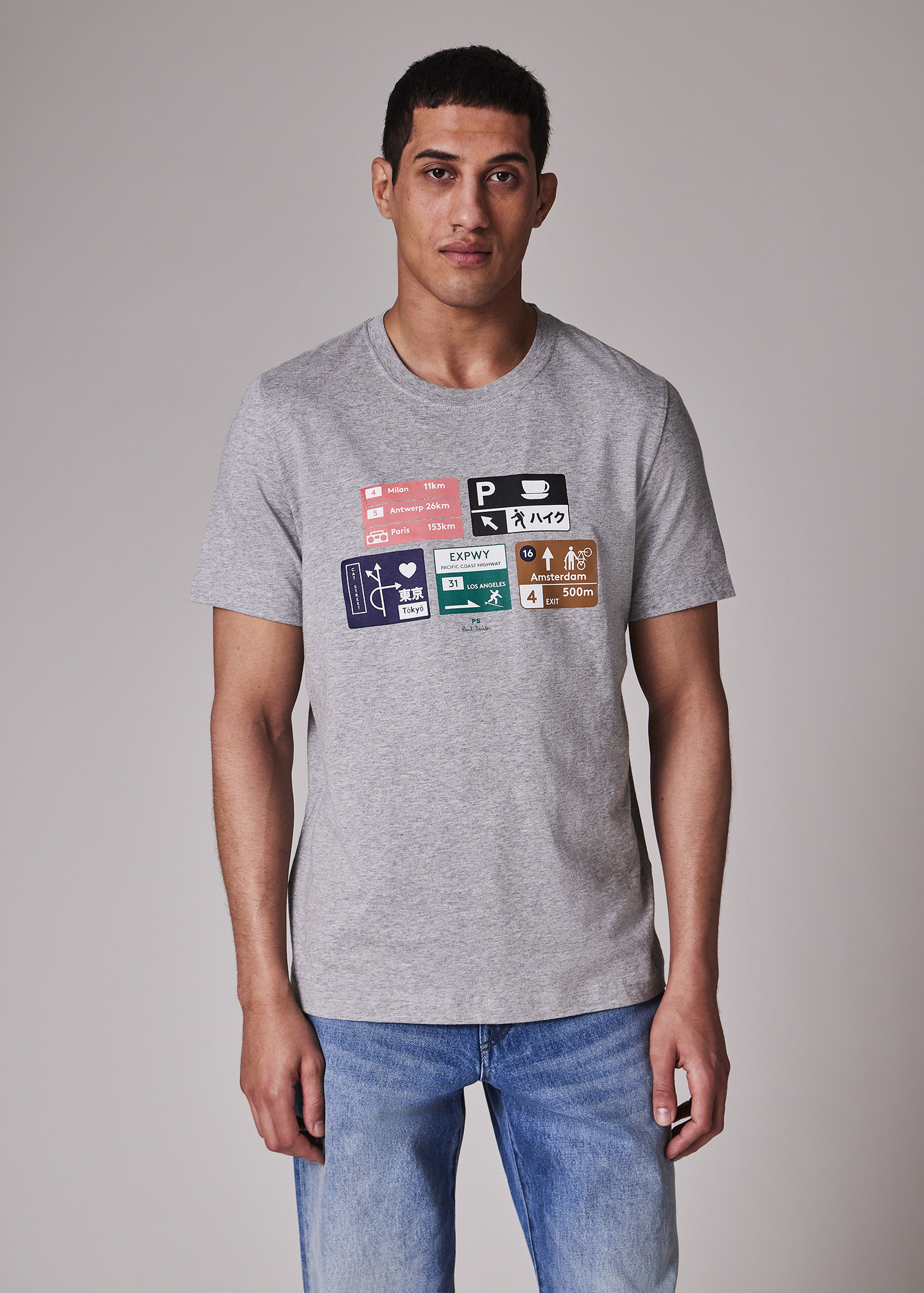 Grey Marl 'Road Signs' Print T-Shirt - 4