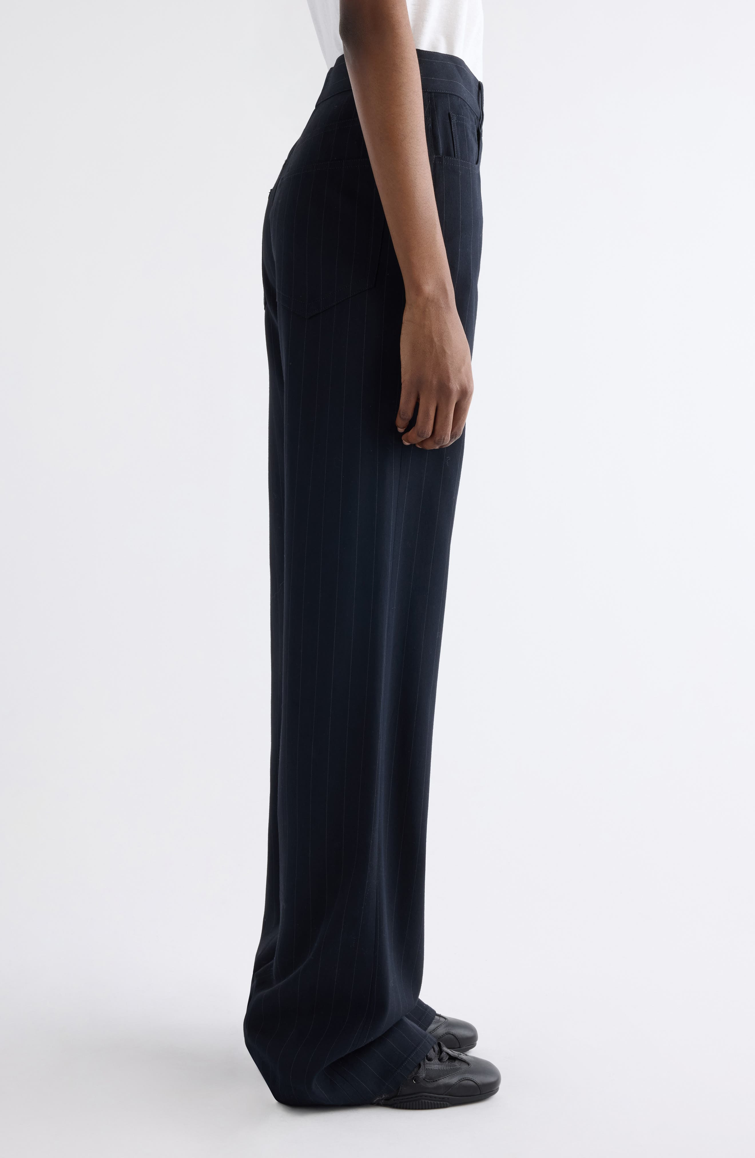Acne Studios Poltana Fluid Pinstripe Bootcut Trousers in Navy at Nordstrom - 4