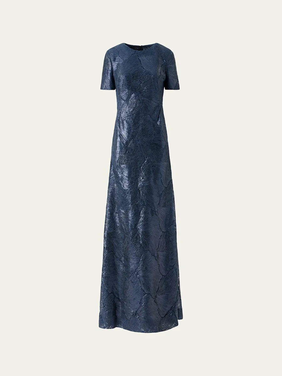 Lacquered Sea Fan Lace Short-Sleeve Gown - 1