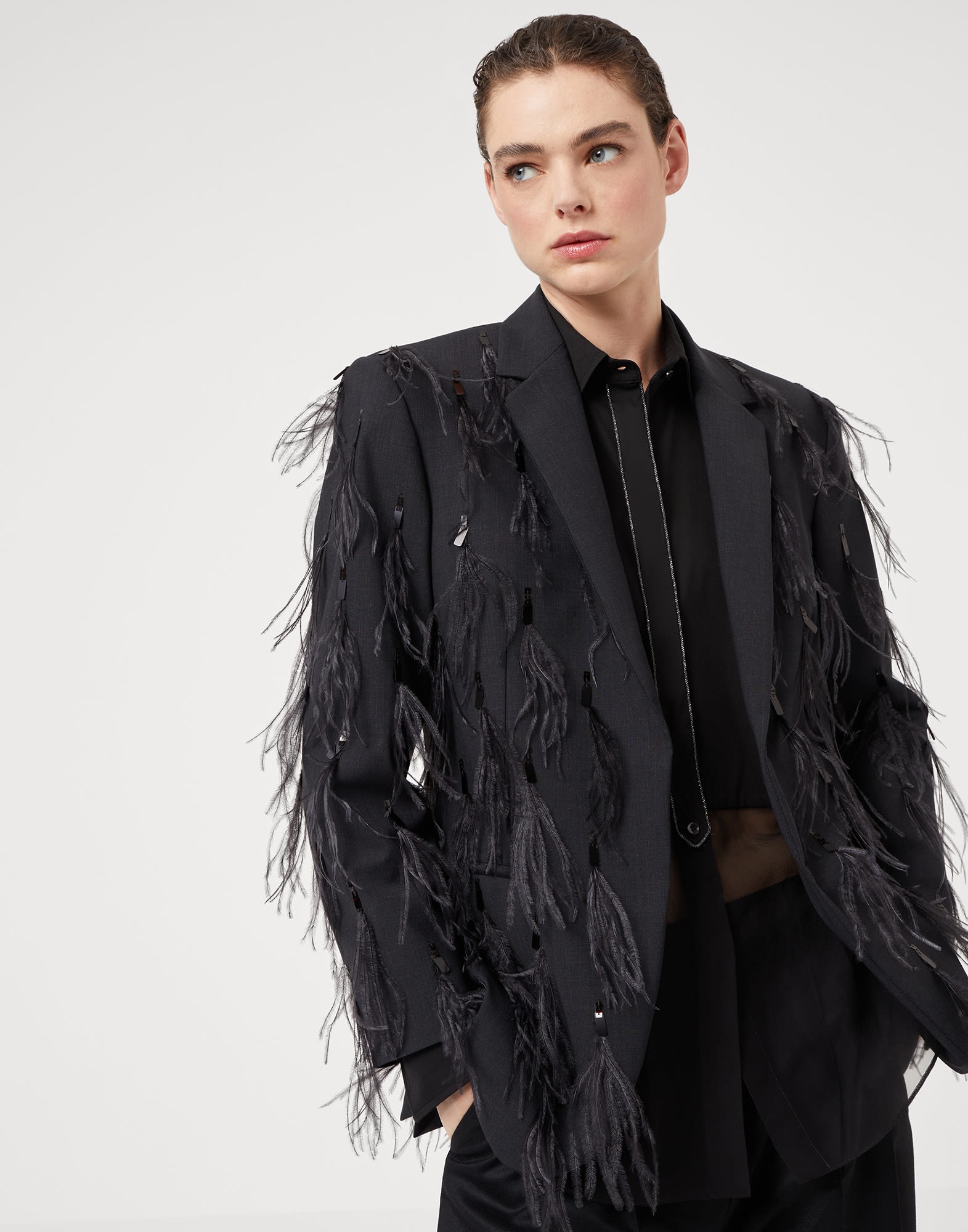 Tropical luxury wool blazer with dazzling feather embroidery - 4