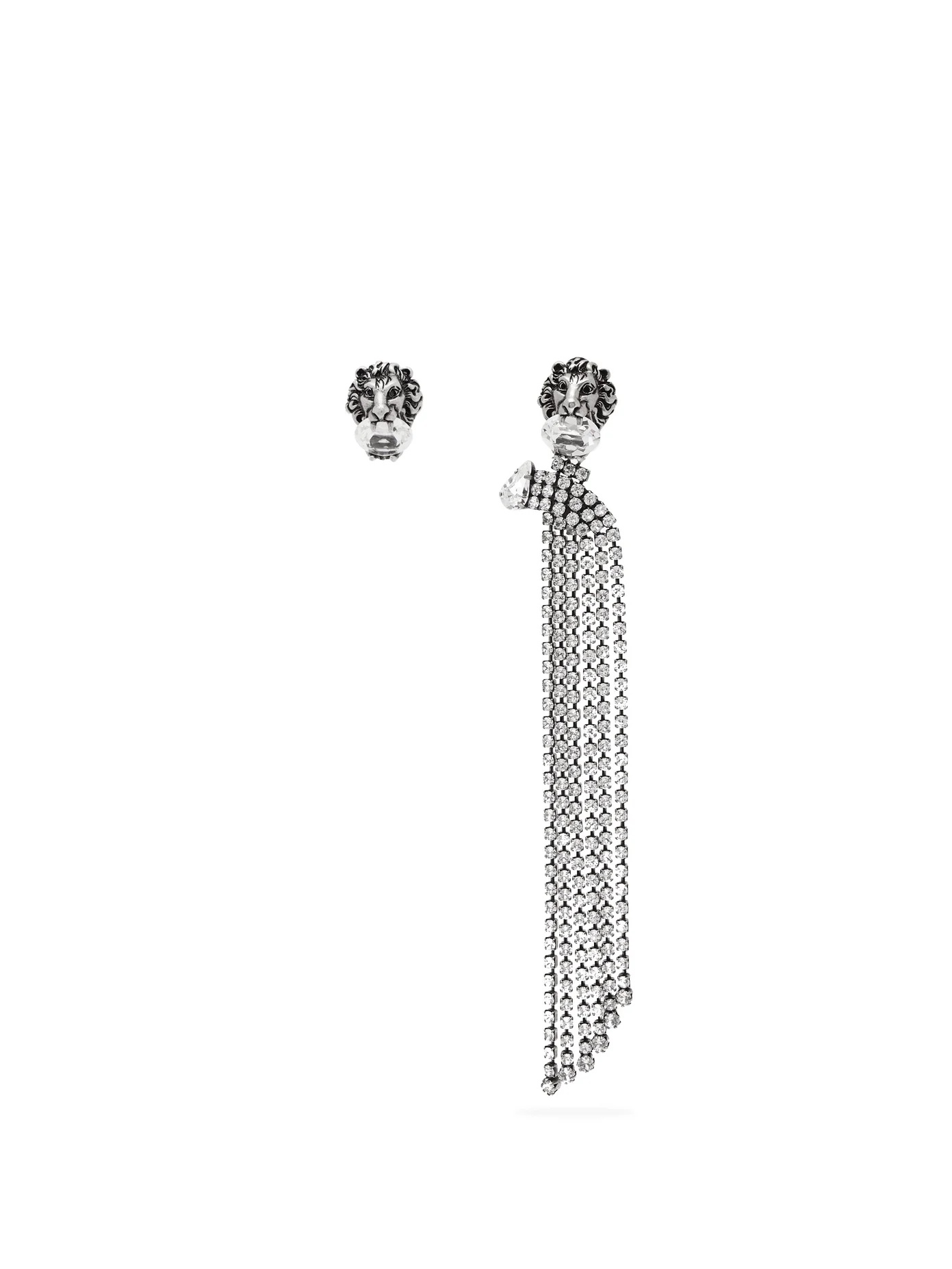 Lion and crystal tassel mismatched clip earrings - 1