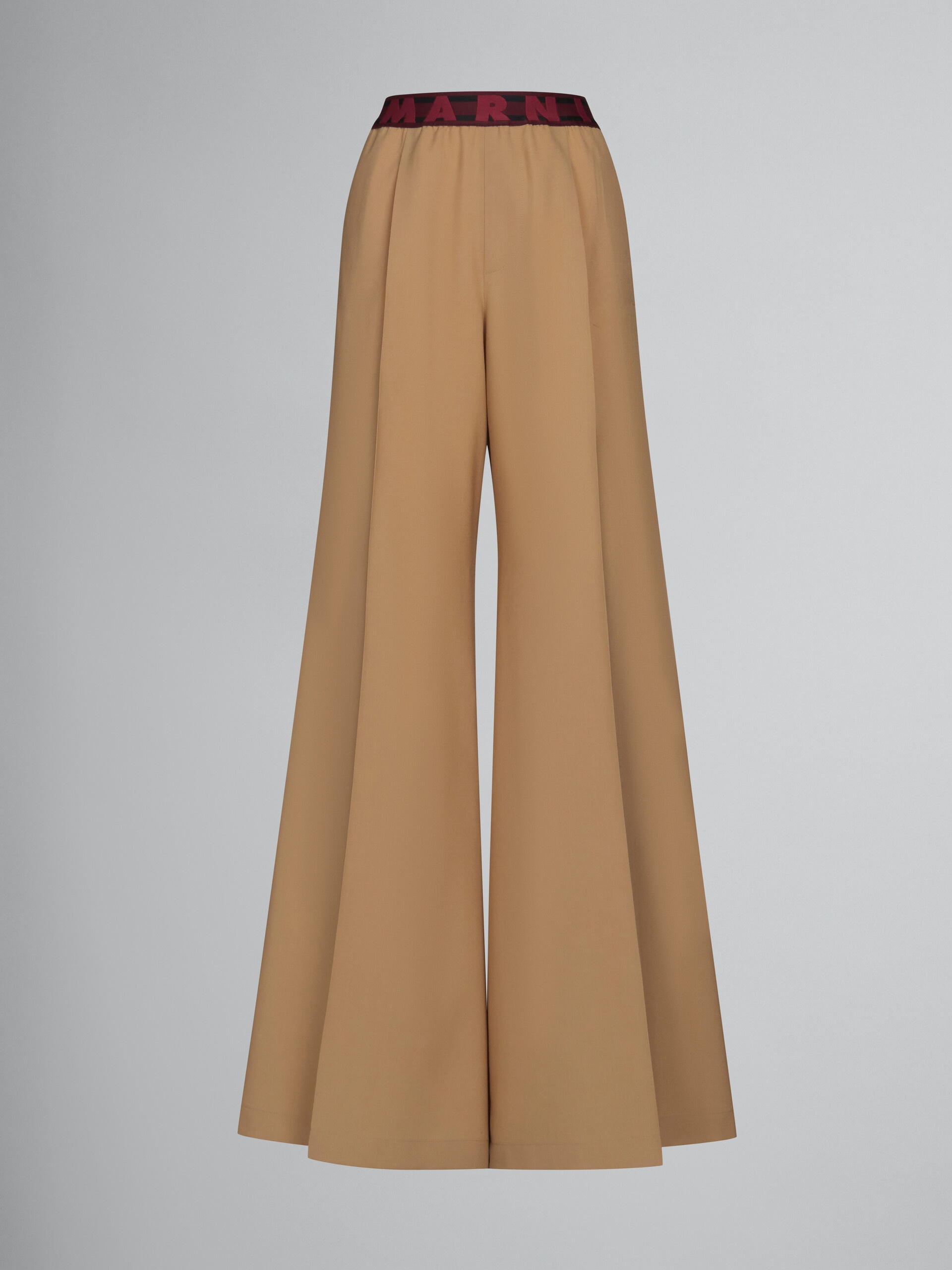 BEIGE FLARED WOOL TROUSERS WITH LOGO WAIST - 1