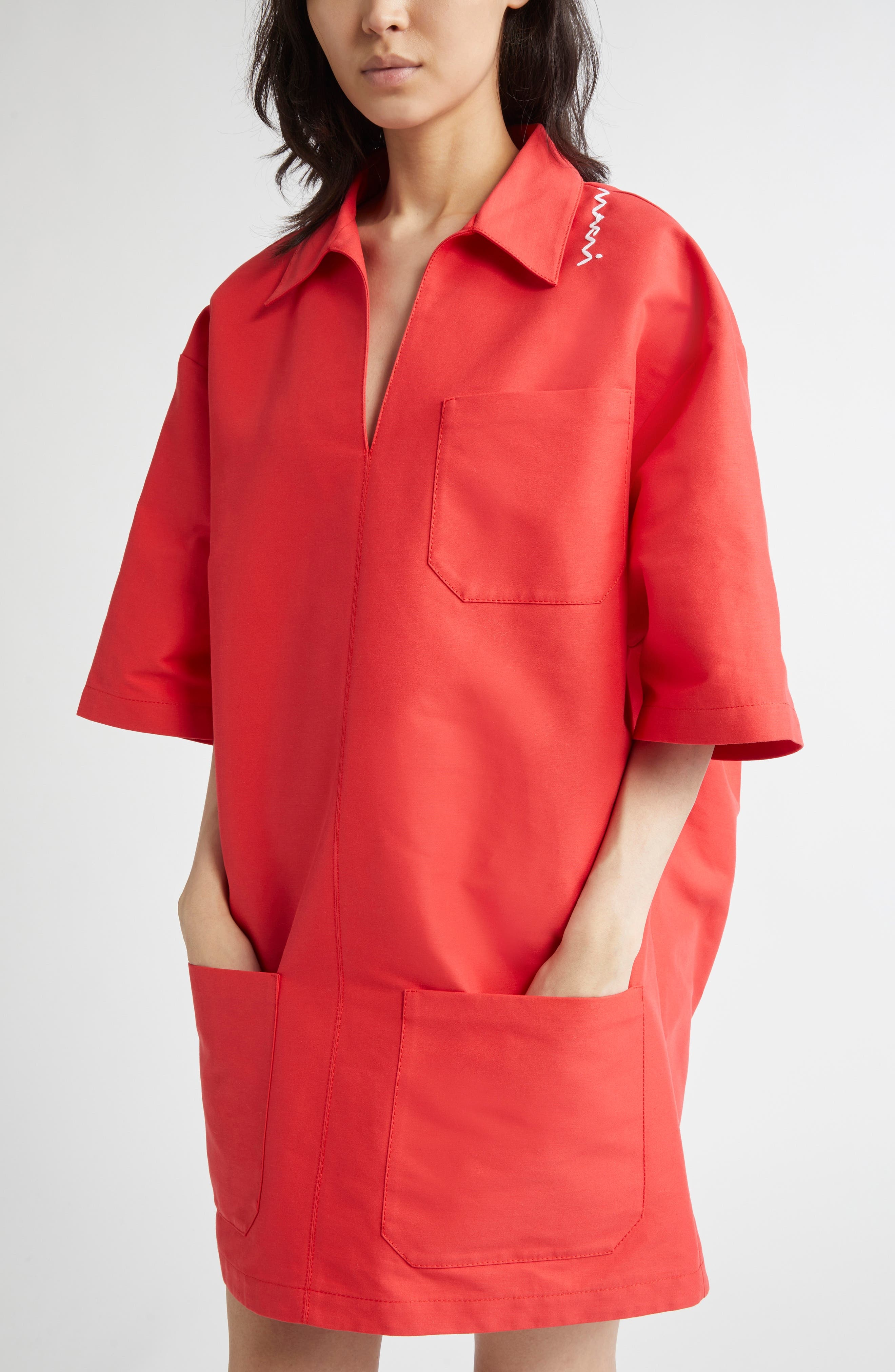 Marni Embroidered Logo Boxy Minidress in Crimson at Nordstrom - 4