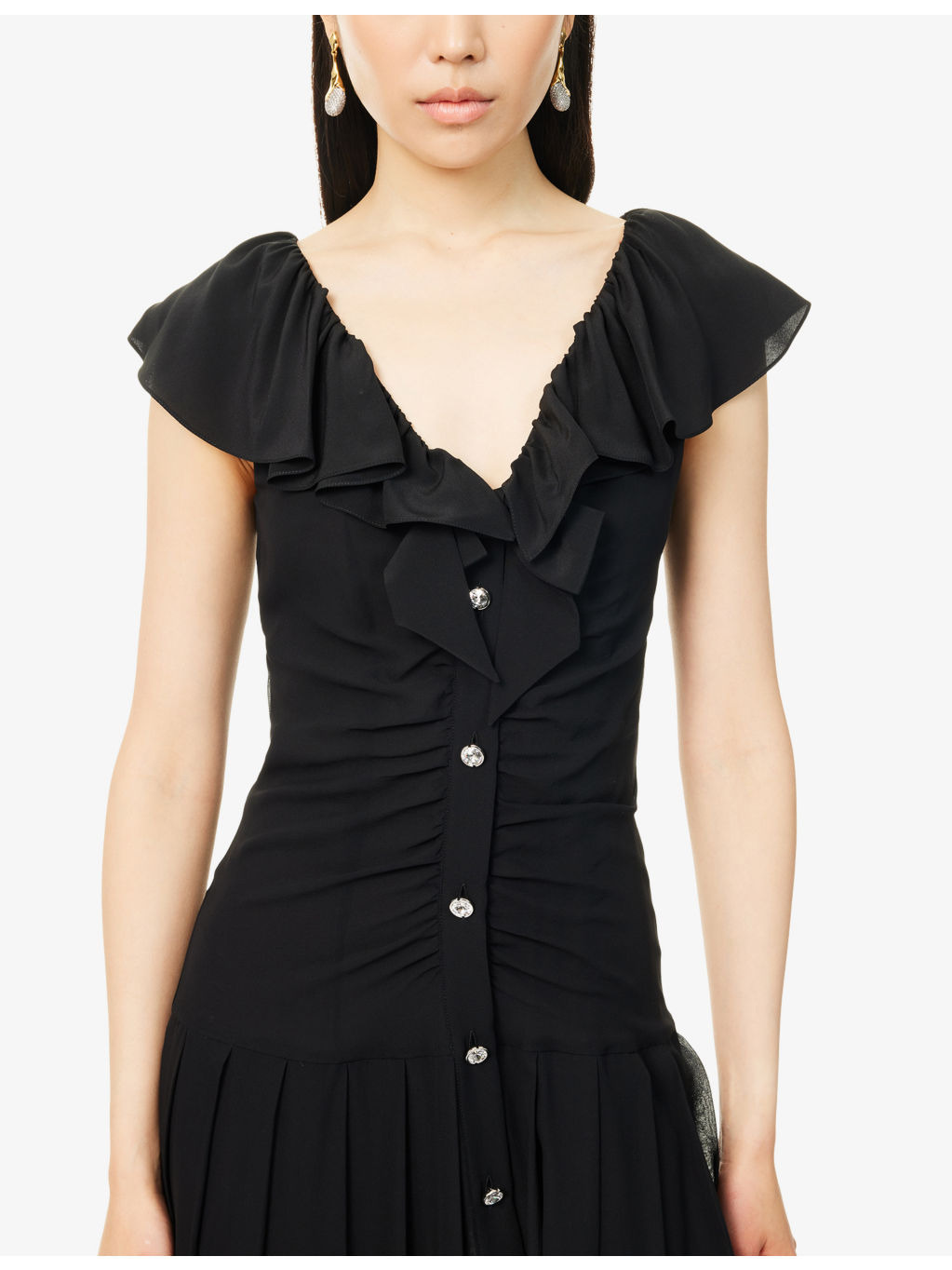 Pleated V-Neck Silk Midi Dress - 5