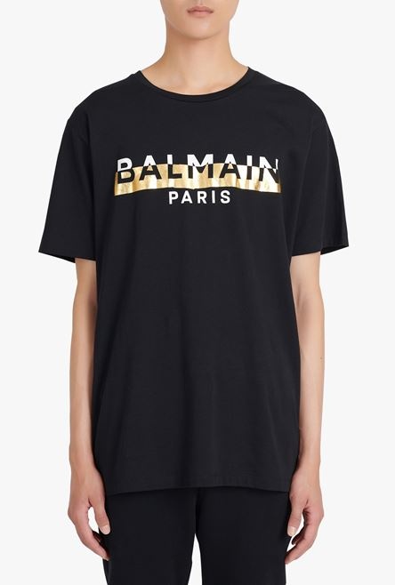 Oversized black eco-designed cotton T-shirt with white and gold Balmain logo print - 5