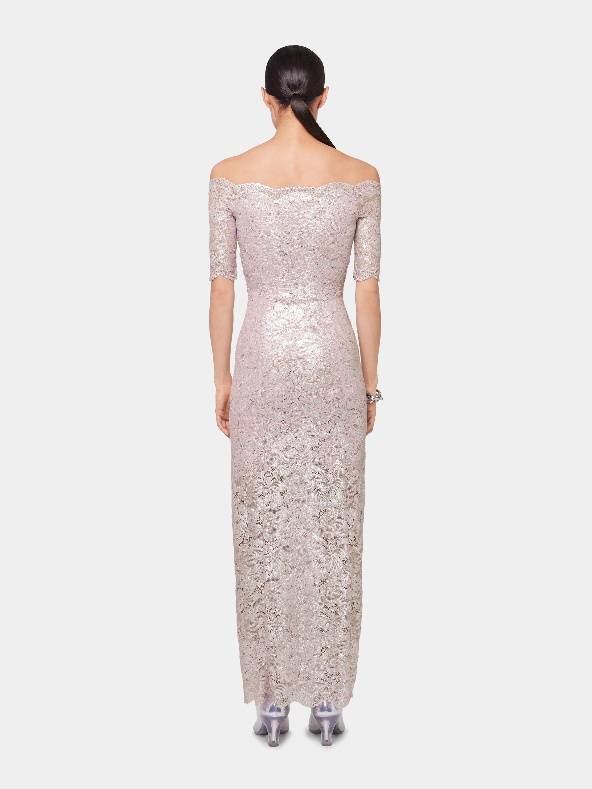 PINK LONG DRESS IN LACE WITH SILVER INDUCTION - 3