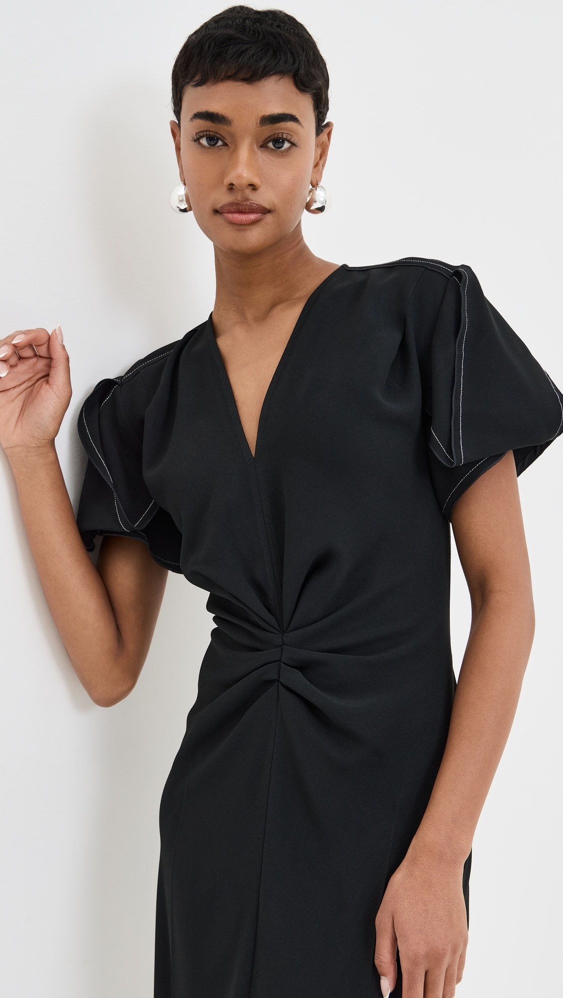 Gathered V Neck Midi Dress - 2