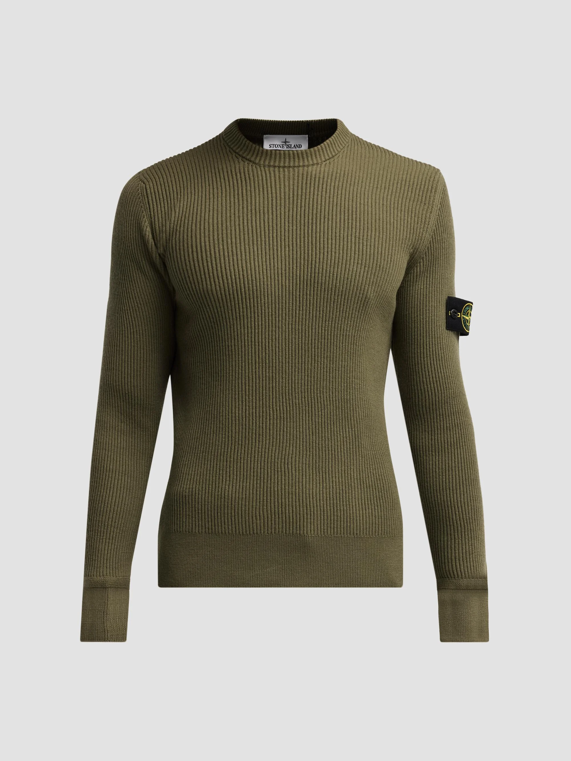 Men's Rib-Knit Wool Crewneck Top - Military Green - 1