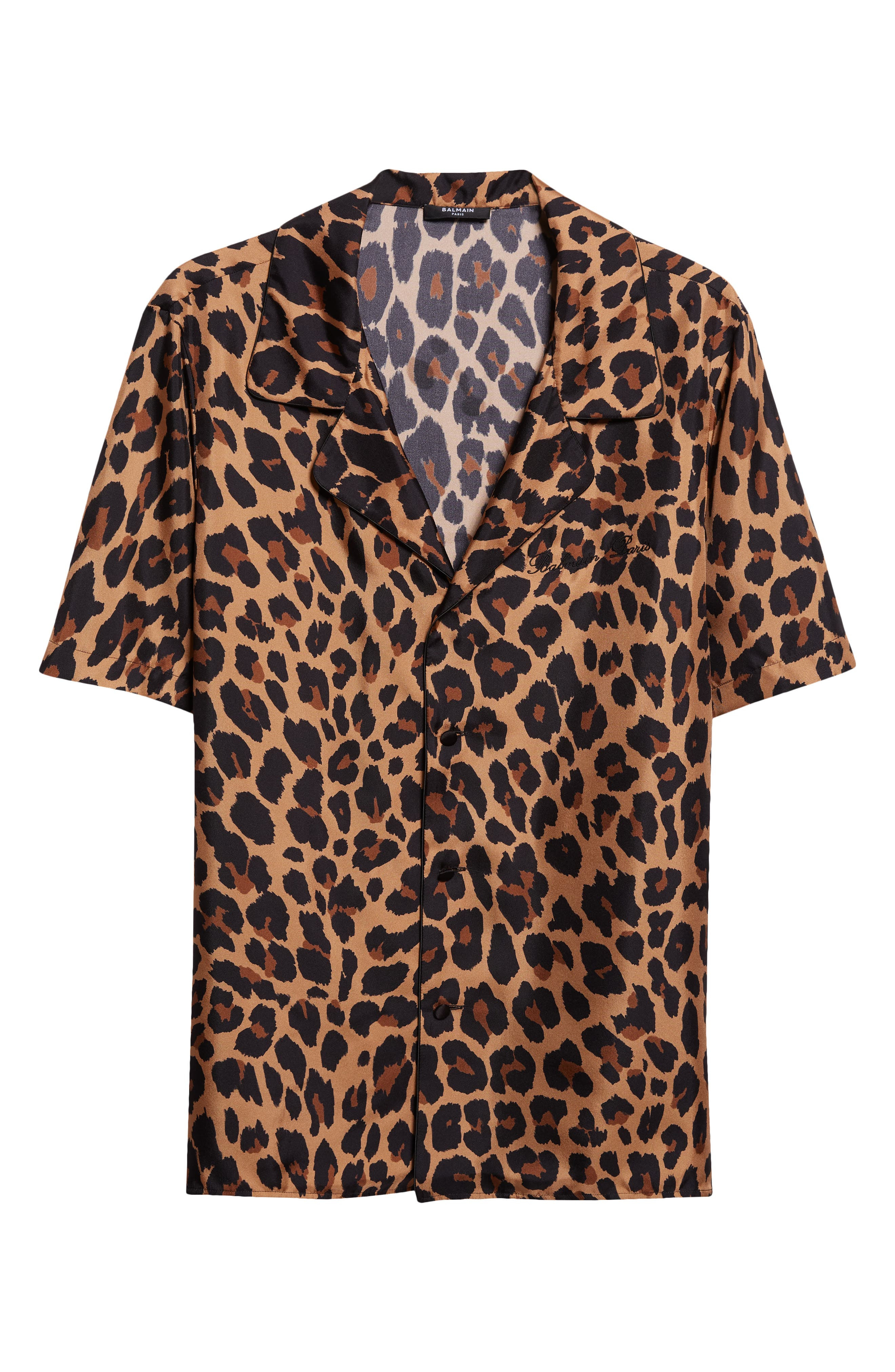 Balmain Leopard Print Silk Button-Up Pyjama Shirt in Gba Beige/Black at Nordstrom - 5