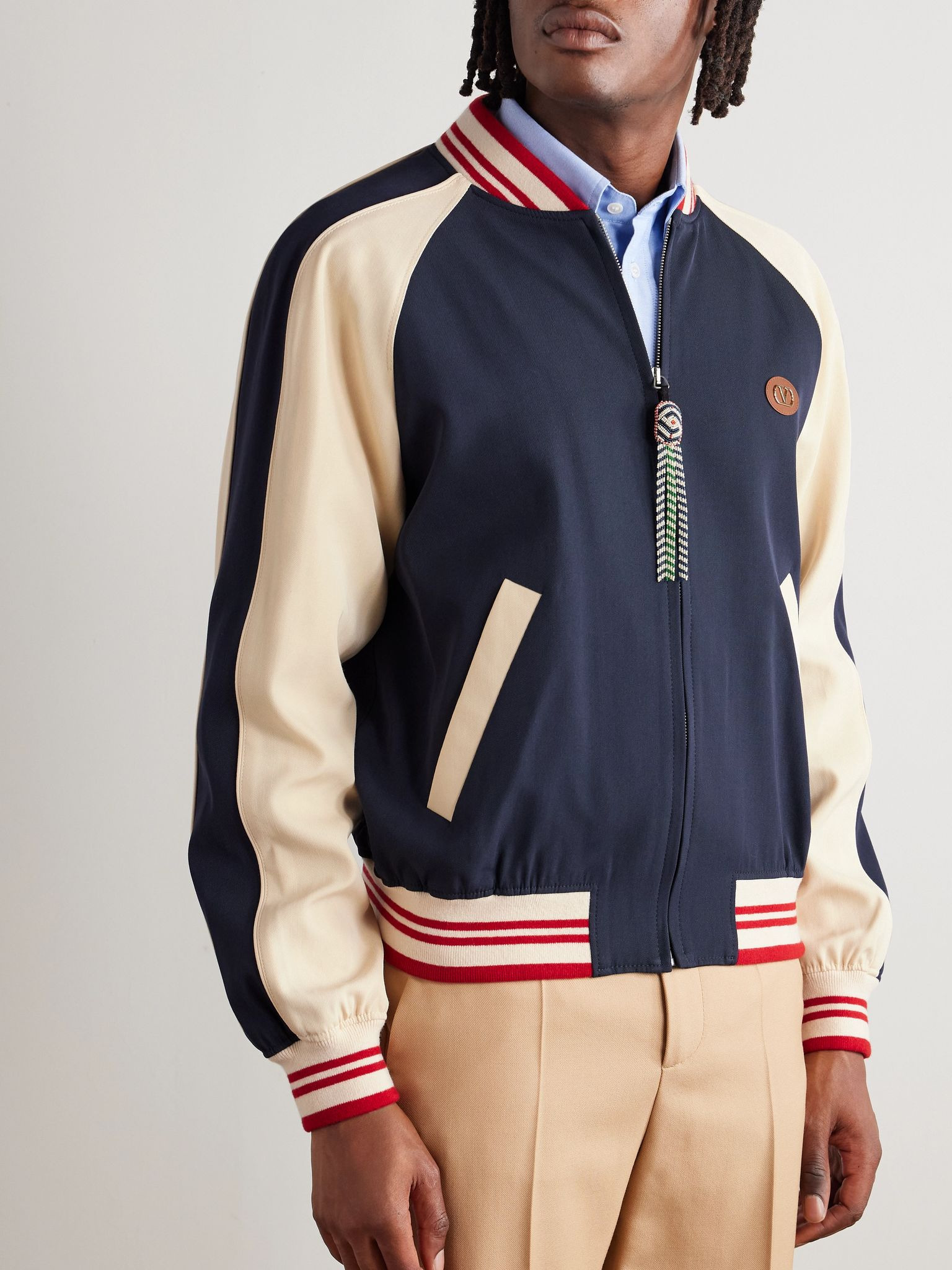 Le Chat De La Maison Logo-Appliquéd Two-Tone Virgin Wool and Cotton-Blend Twill Bomber Jacket Navy - 3
