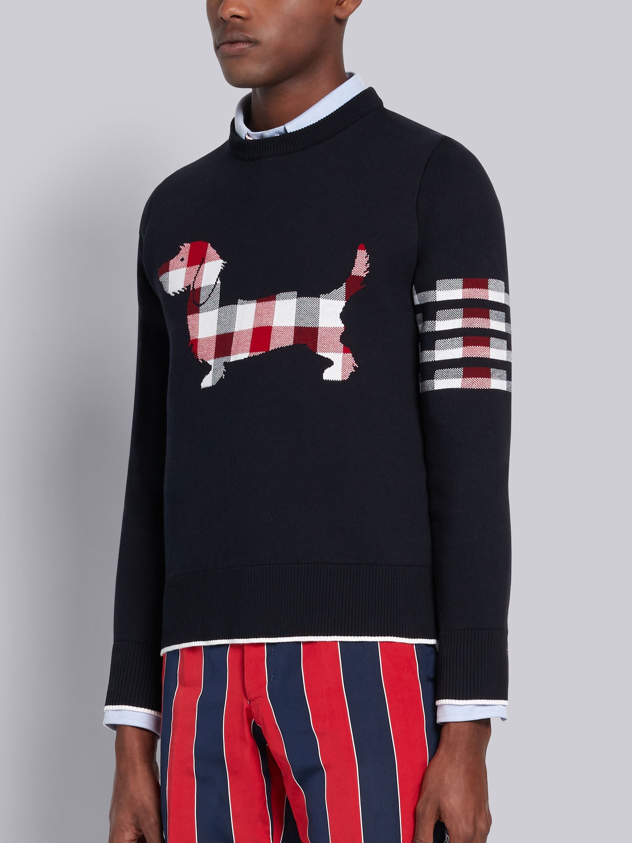 Navy Cotton Crepe Buffalo Check Jacquard Hector Icon Crewneck 4-Bar Pullover - 3