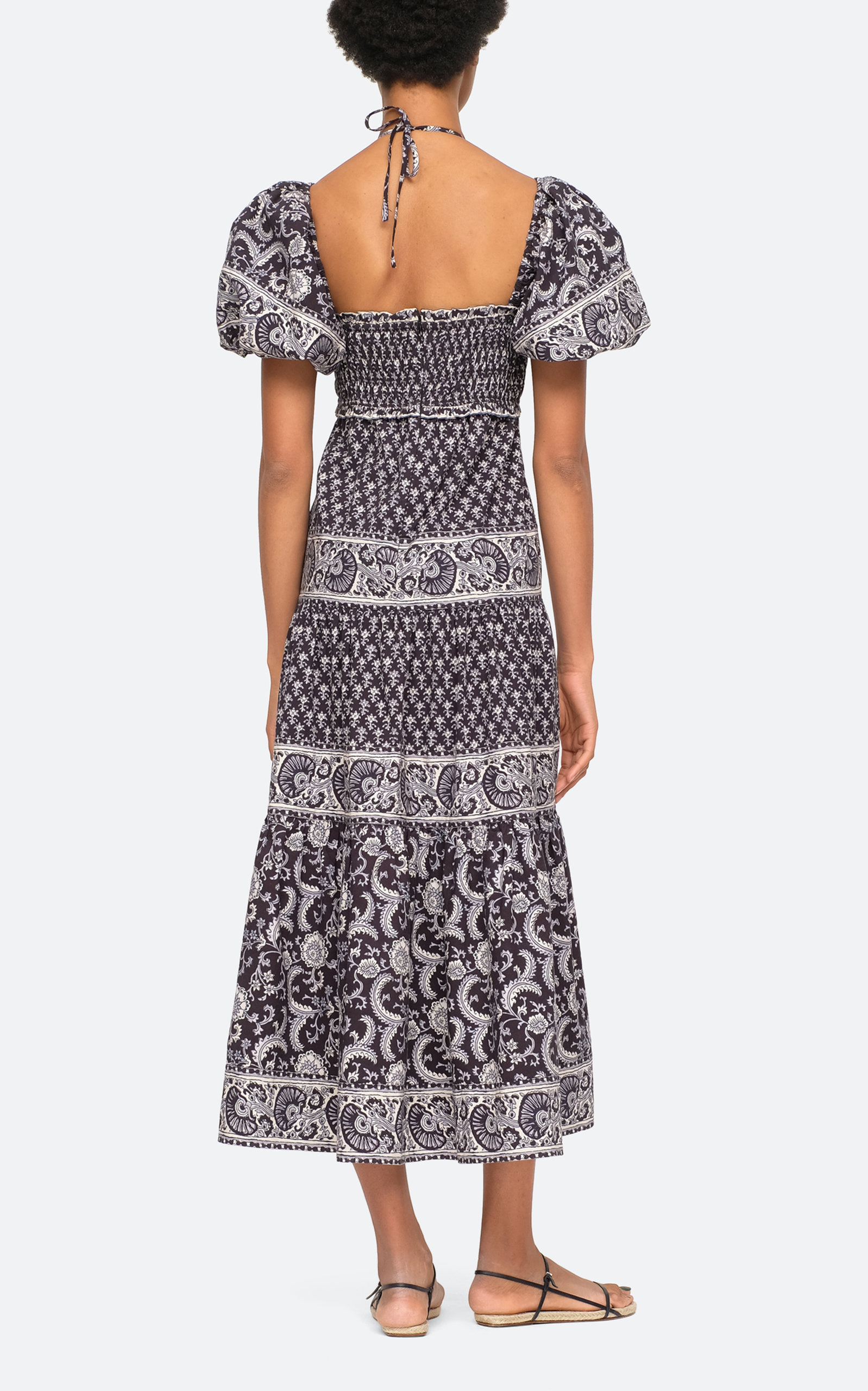 Jasper Border Puff-Sleeve Cotton Midi Dress print - 3
