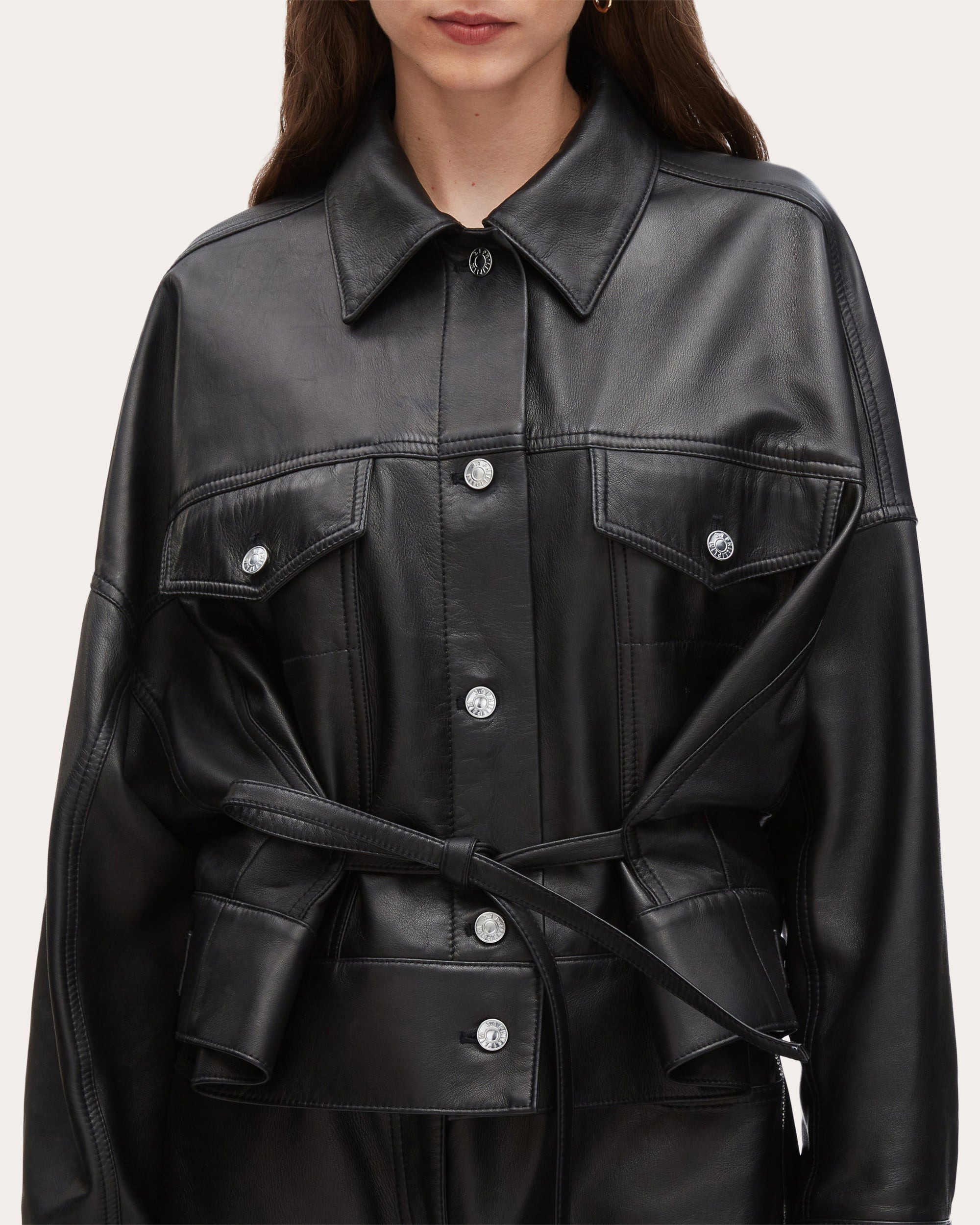 Tie-Detailed Plonge Leather Jacket - 4