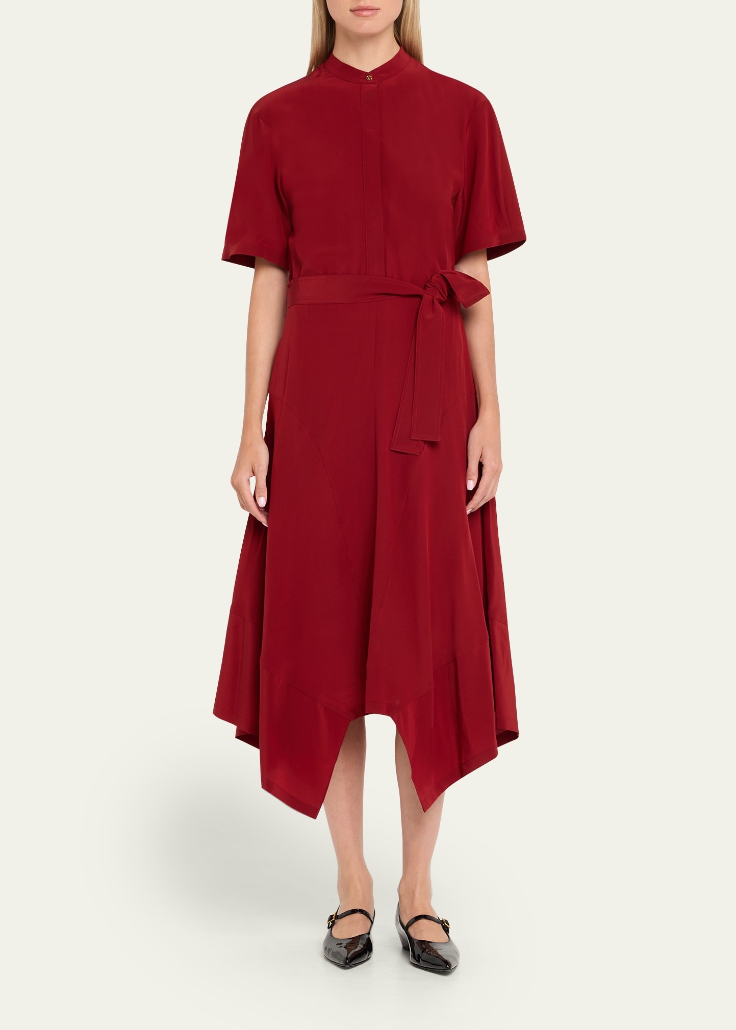 Silk Crepe De Chine Midi Dress with Tie Belt - 2