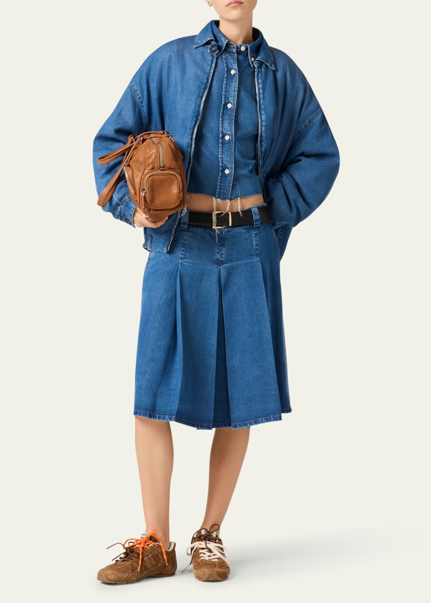 Denim Cropped Collared Button Down Shirt - 2