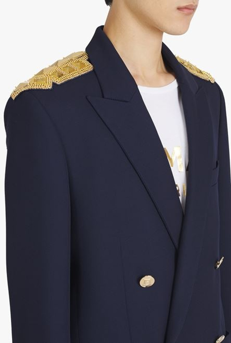 Navy blue twill blazer with double-breasted gold-tone buttoned fastening 8