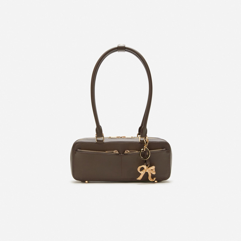 Brown Leather Baguette Shoulder Bag With Charm 1