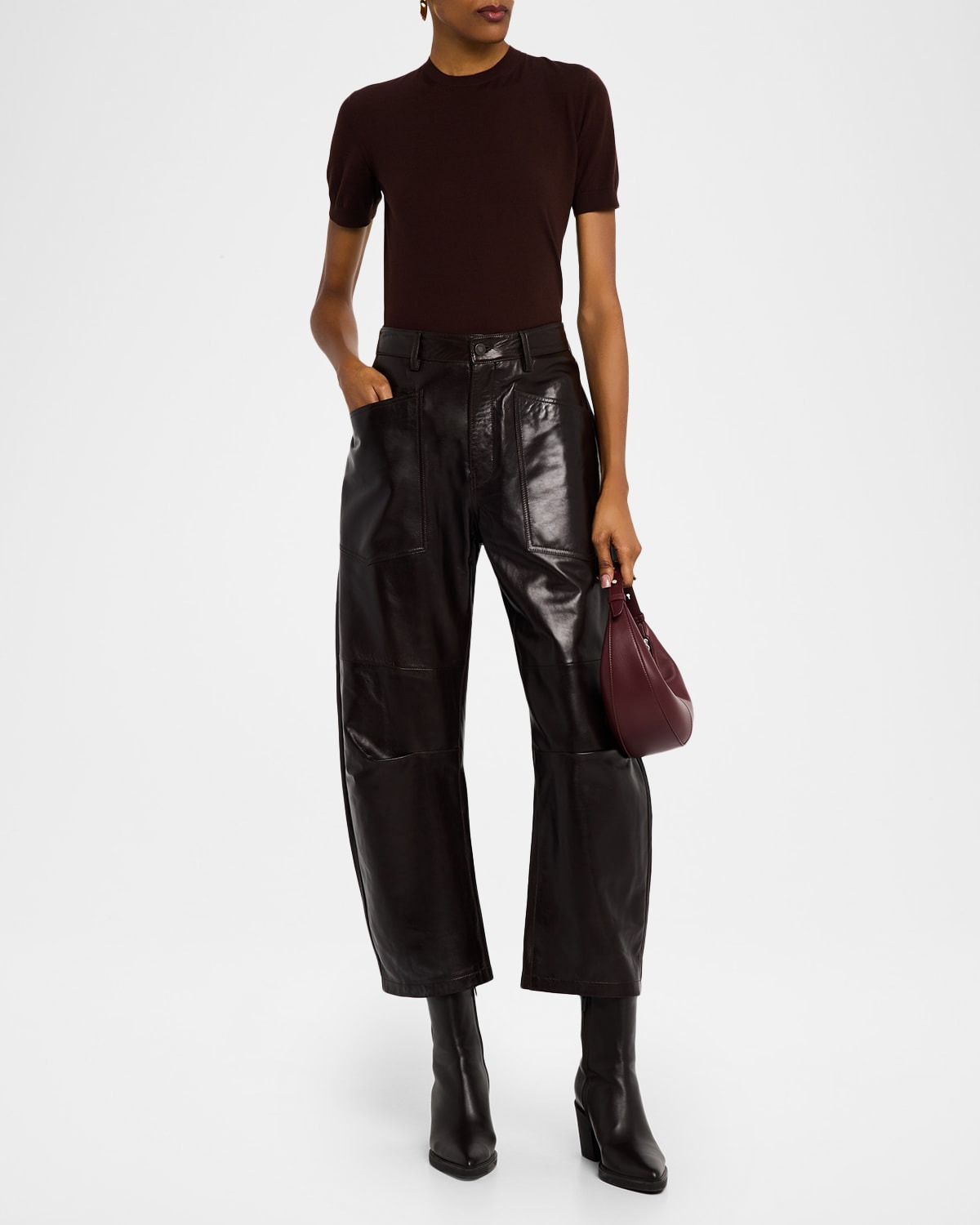 Shon Leather Barrel-Leg Ankle Pants - 2