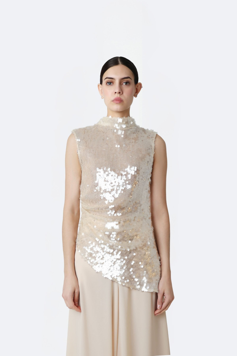 LAPOINTE Mesh Sequin Mockneck Top With Pleats outlook