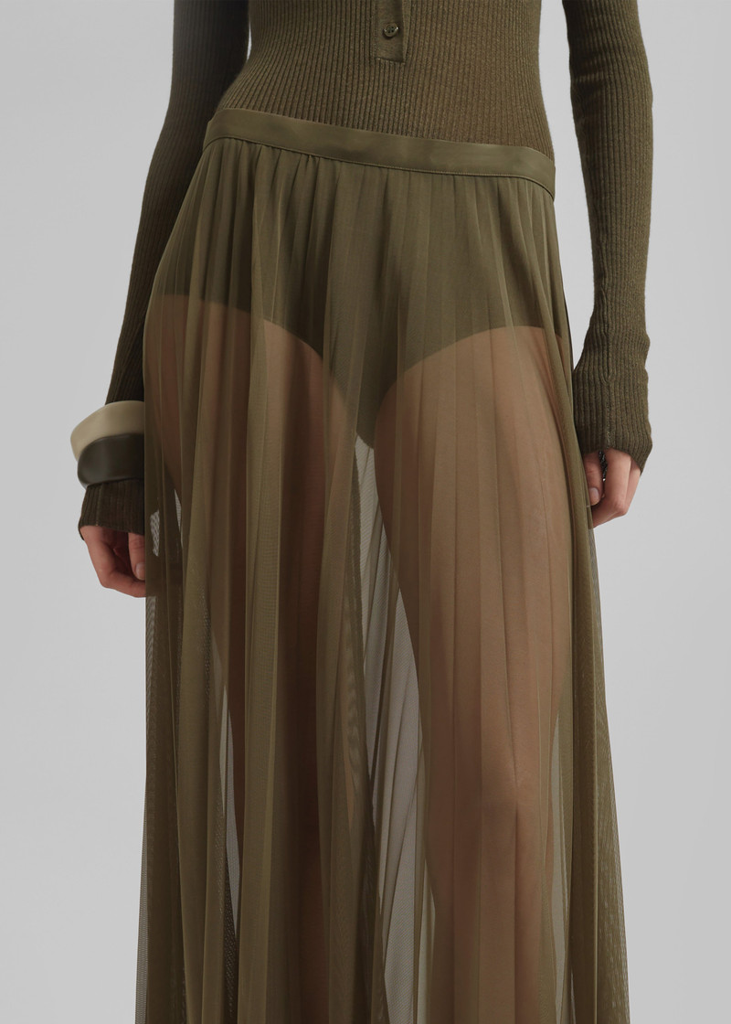 Vallen Pleated Mesh Maxi Skirt - Khaki 3